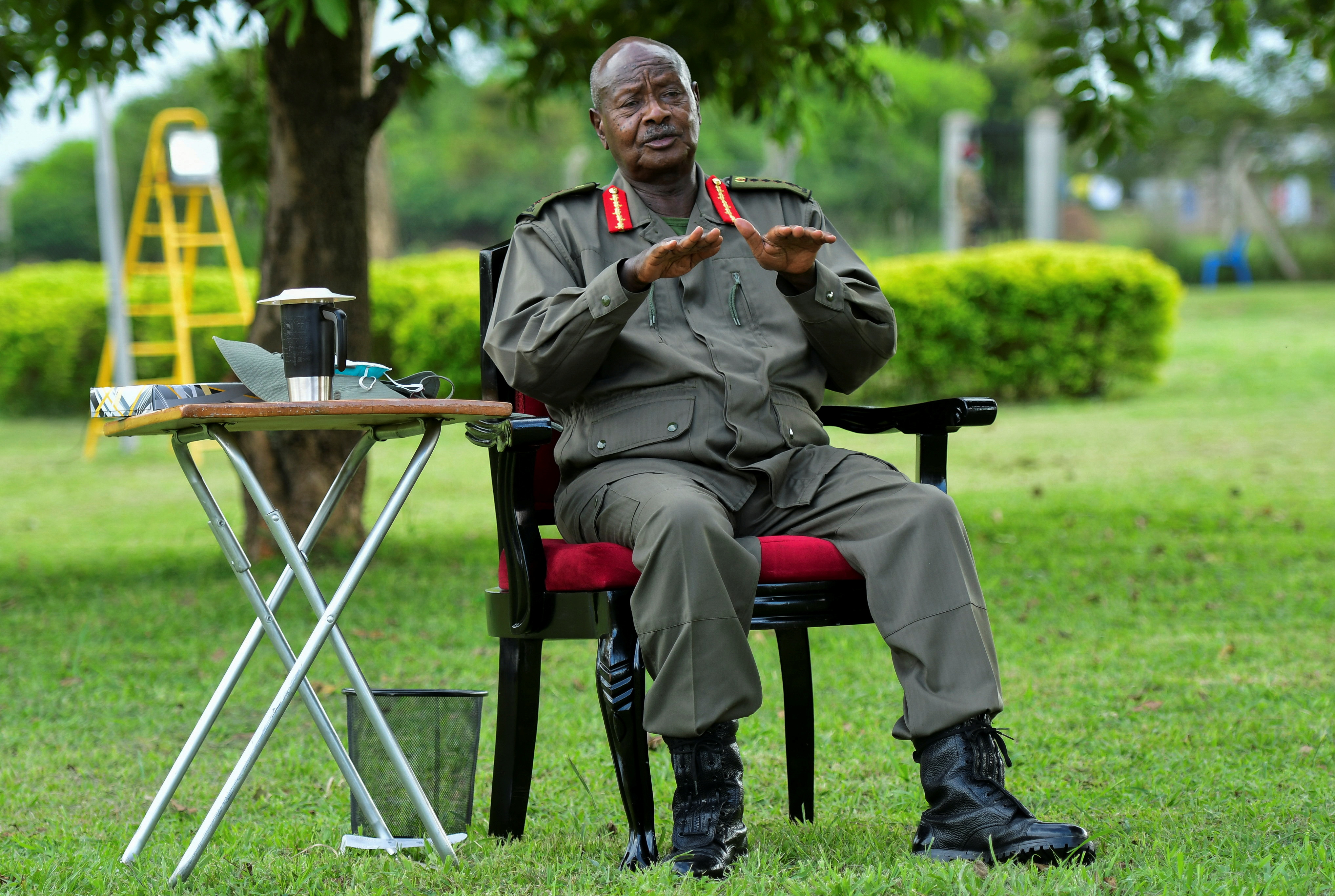 Uganda’s President Yoweri Museveni speaks during a Reuters interview at the National Leadership Institute (NALI) in Kyankwanzi district, Uganda December 4, 2021. Picture taken December 4, 2021. REUTERS/Abubaker Lubowa