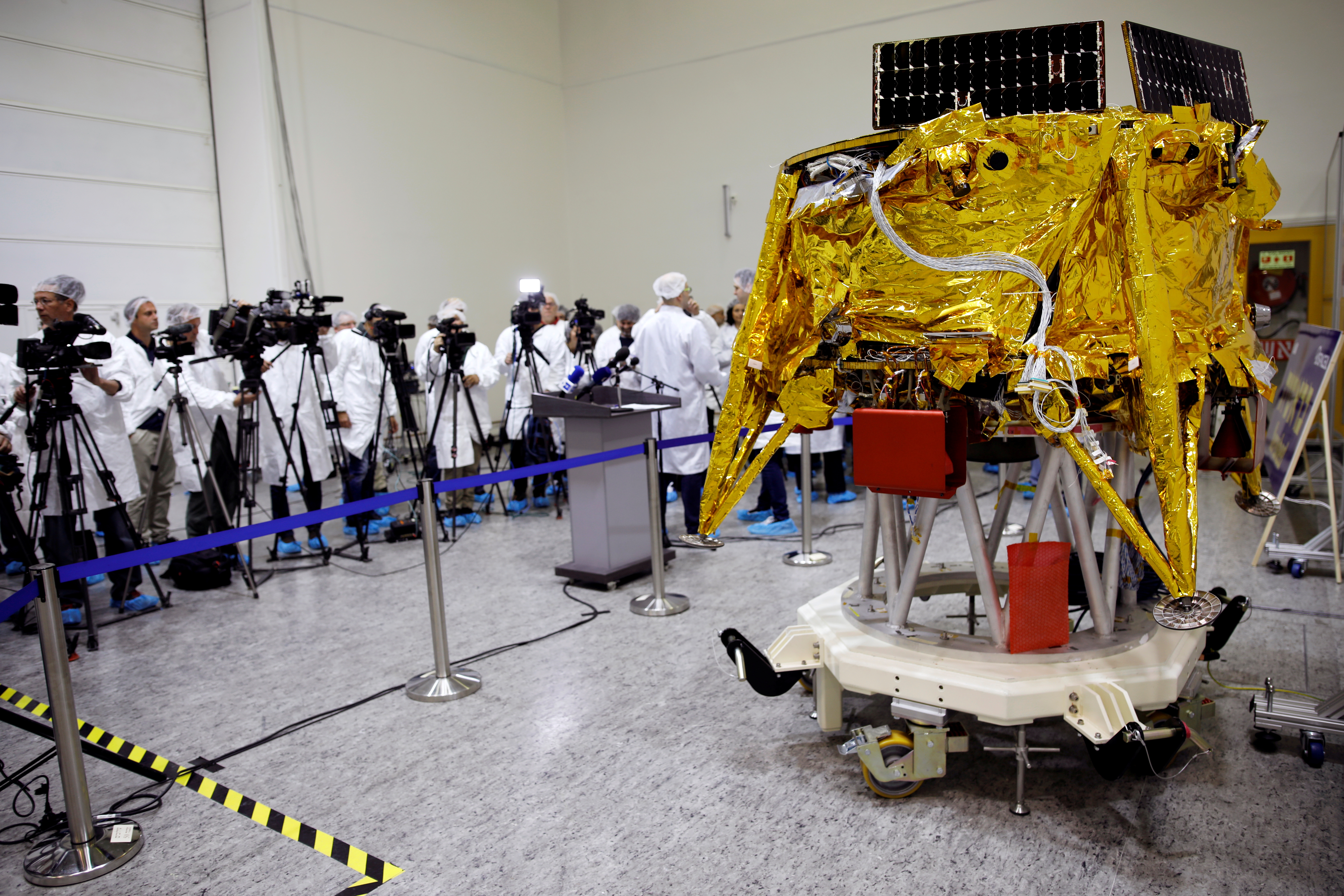 An unmanned spacecraft is seen during a presentation to the media by members of Israeli non-profit group SpaceIL and representatives from Israel Aerospace Industries (IAI), at the clean room of IAI's space division in Yehud, Israel