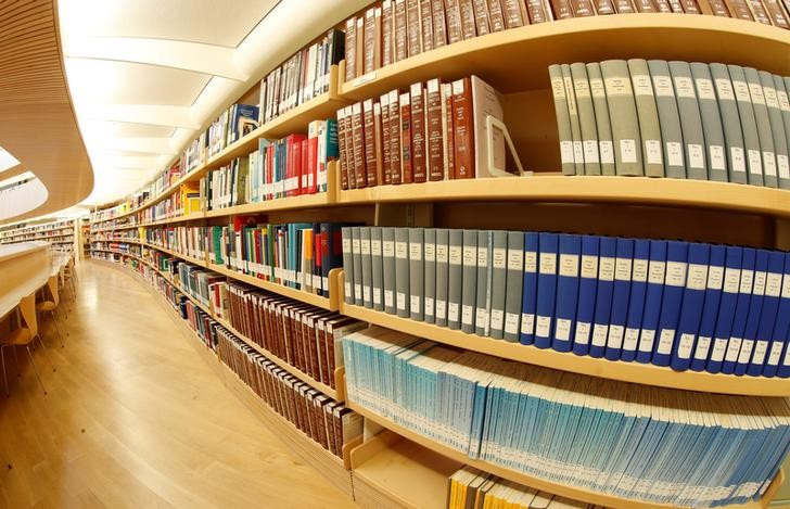 Books are seen in the main hall of the Bibliothek des Rechtswissenschaftlichen Instituts of the University of Zurich in Zurich