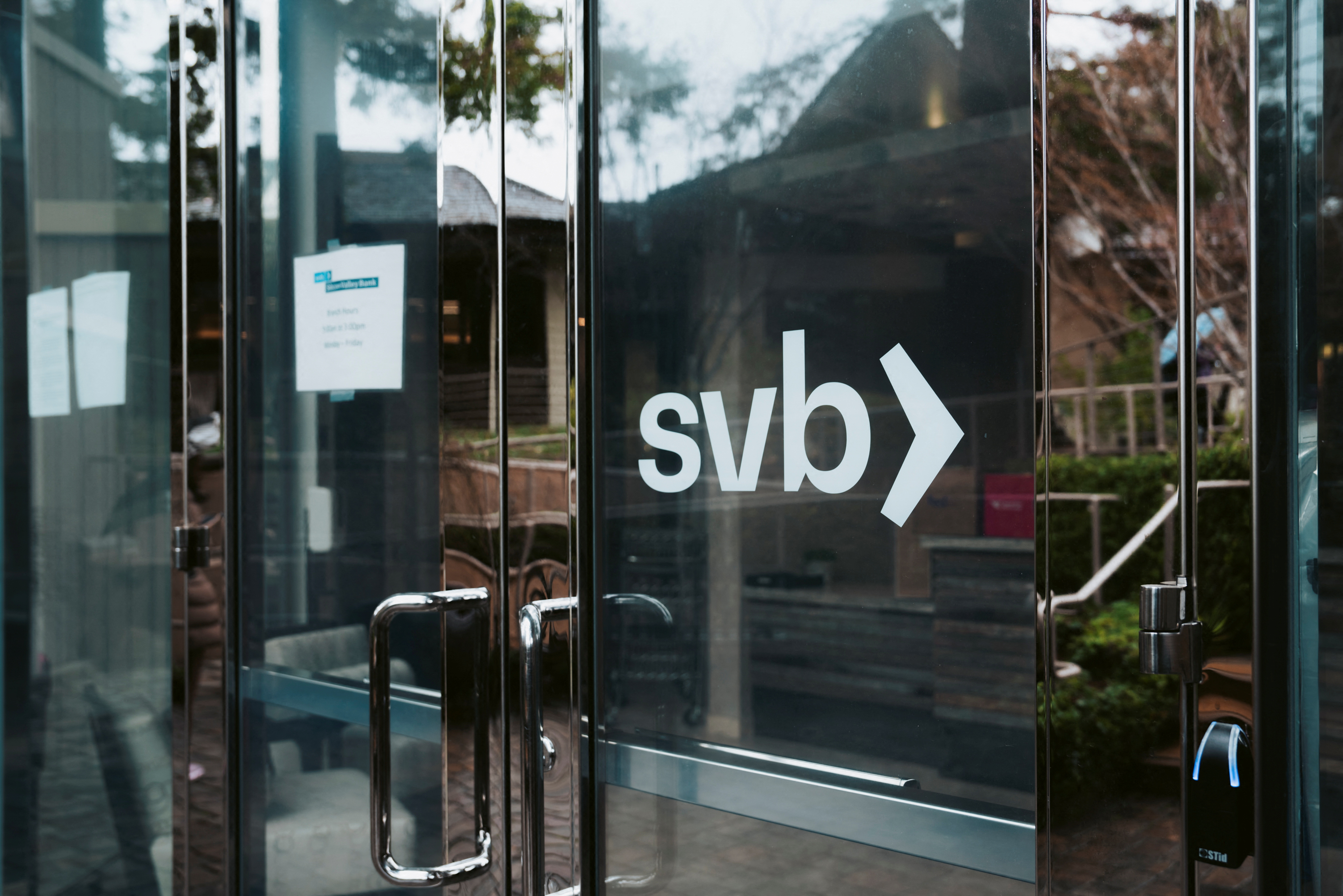 The main entrance of Silicon Valley Bank is seen in Menlo Park