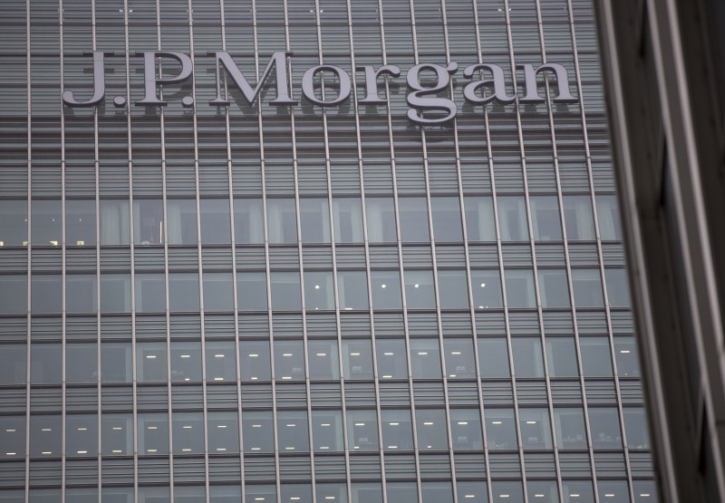 A sign is seen on the Canary Wharf offices of JP Morgan in London