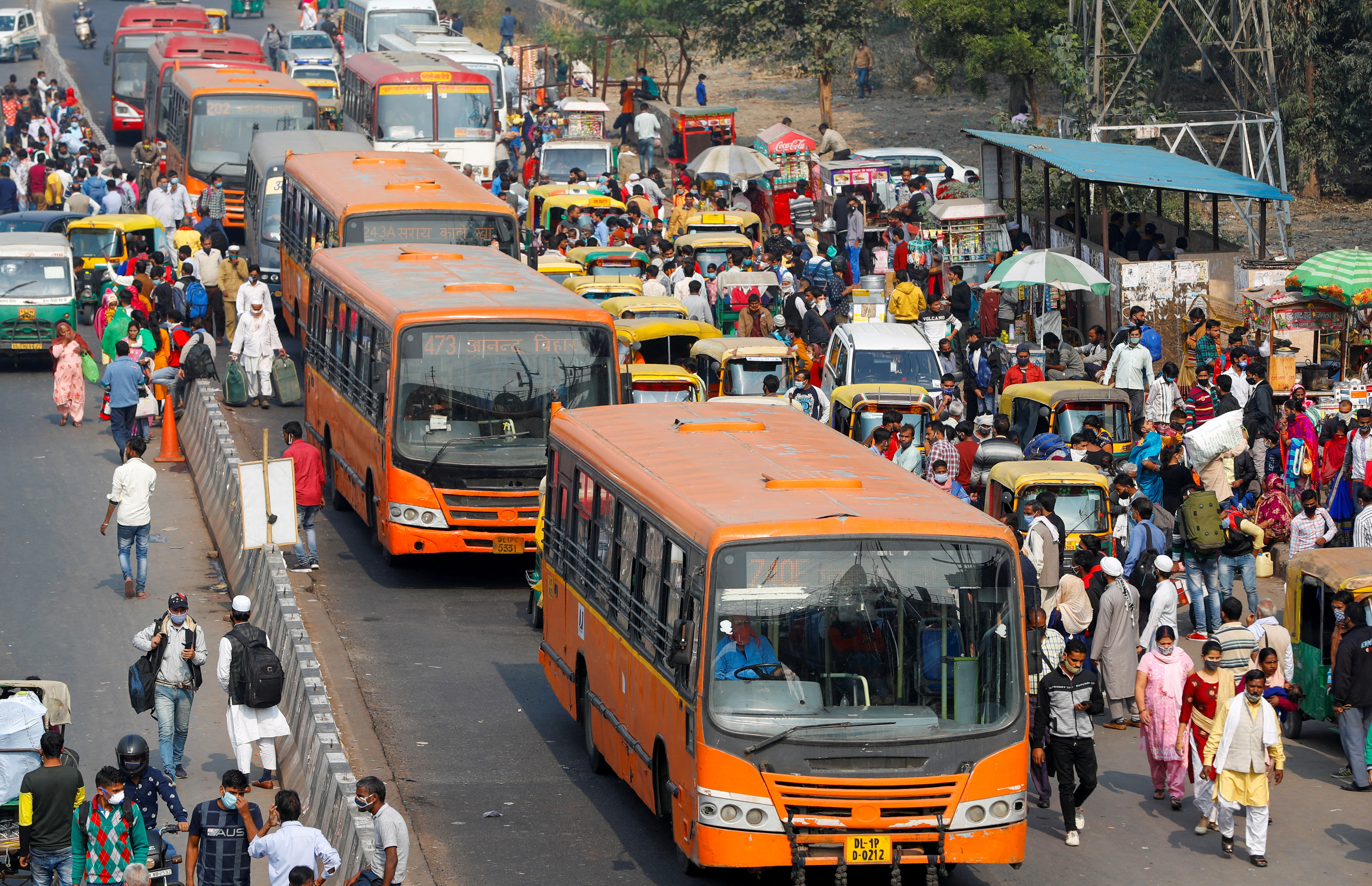 Public transport buses at a bus stand in New Delhi