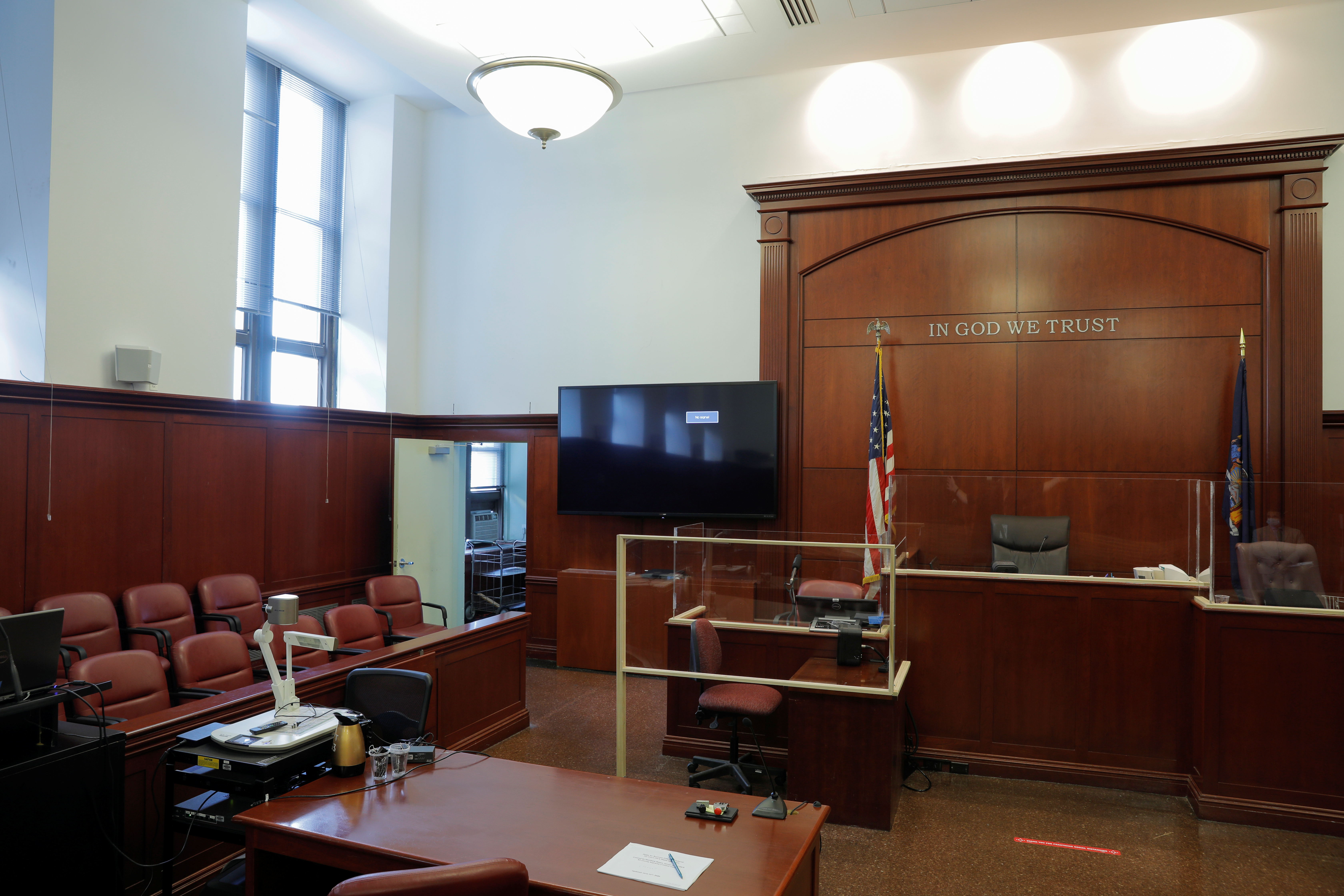 The jury box, the well and the judge's bench are seen at the New York State Supreme Court in Manhattan, New York City