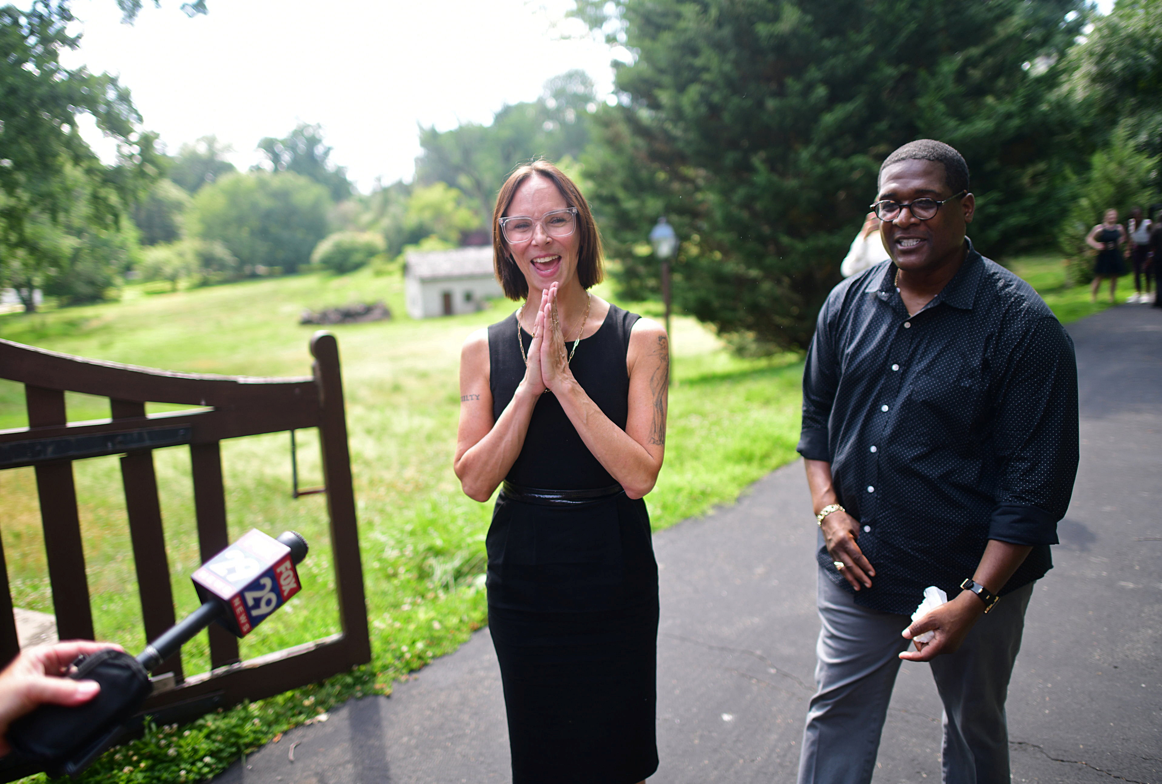 Lawyer Jennifer Bonjean and Andrew Wyatt, spokesperson for Bill Cosby, speak to the media after Pennsylvania's highest court overturned Cosby's sexual assault conviction and ordered him released from prison immediately, in Elkins Park, Pennsylvania, U.S., June 30, 2021.  REUTERS/Mark Makela