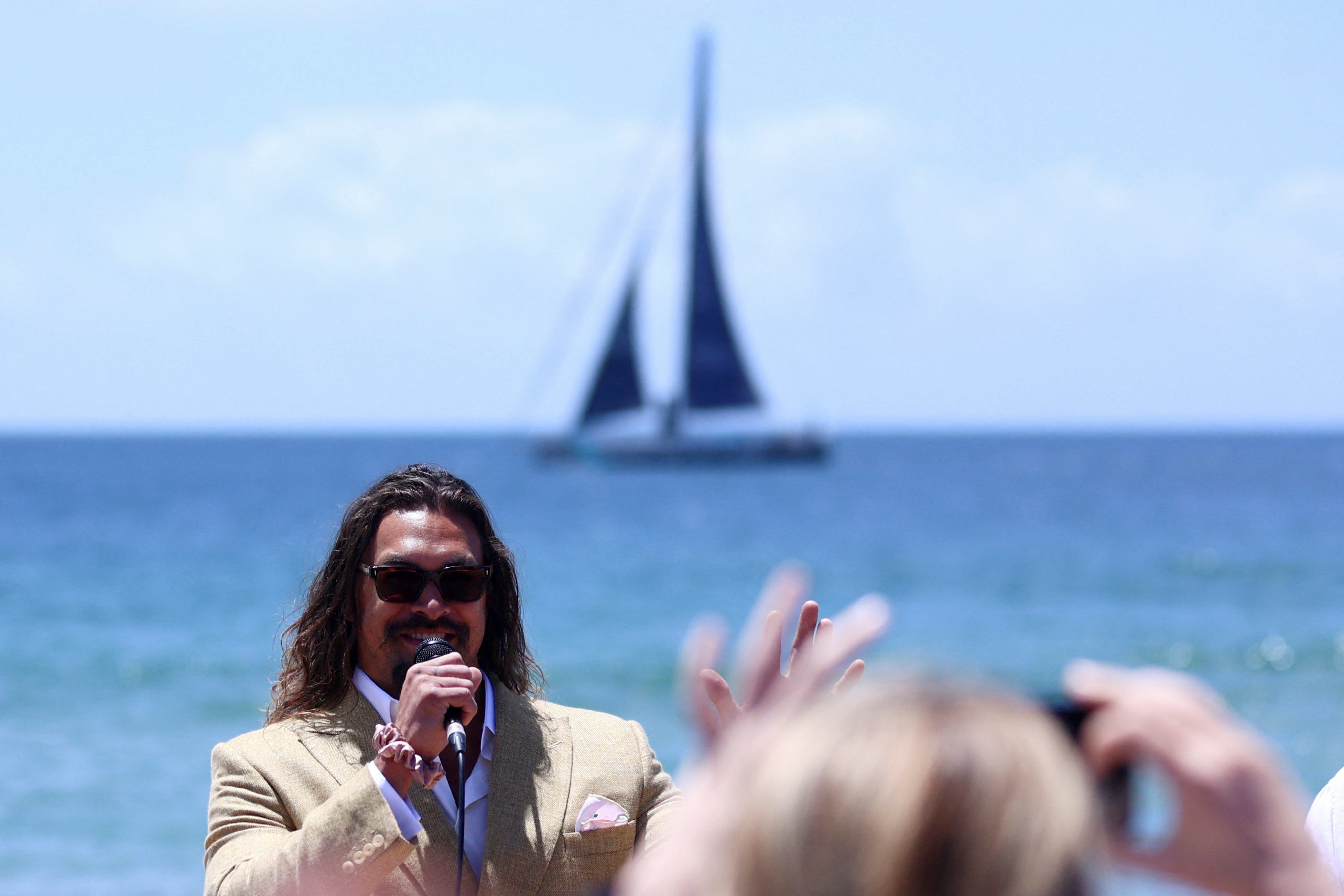 American actor and environmental activist Jason Momoa makes an appearance at a Portuguese Carcavelos beach ahead of the United Nations Ocean Conference in Lisbon