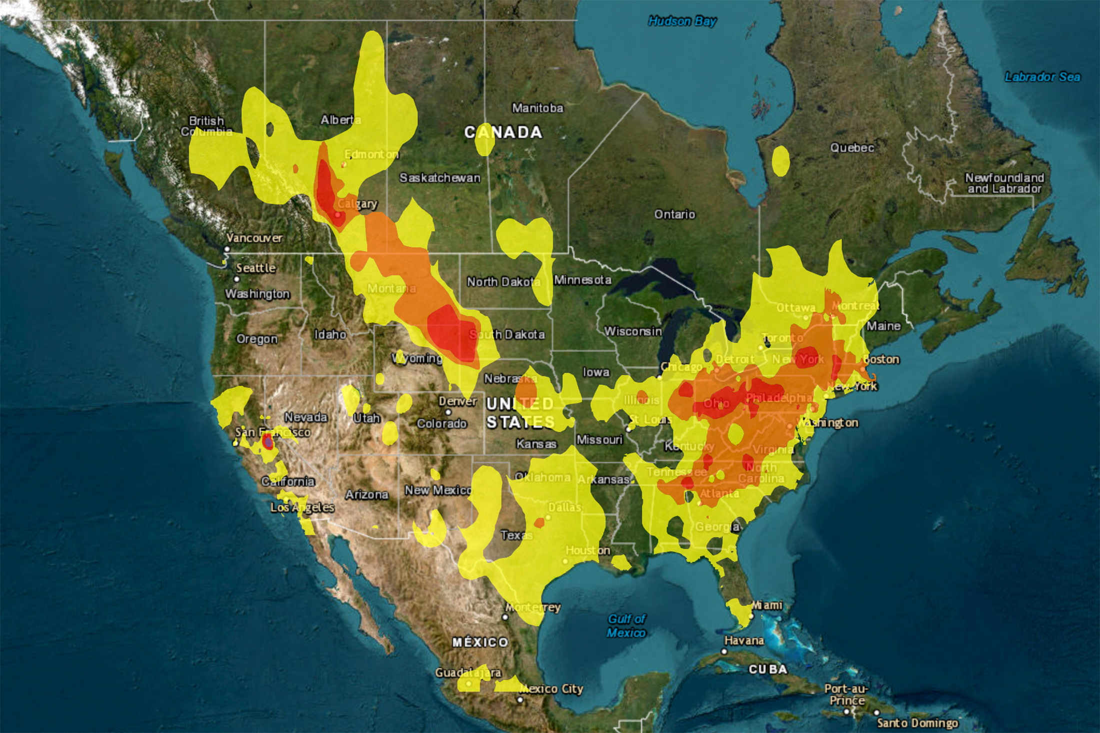A map of North America shows concentrations of PM2.5, the main pollutant in wildfire smoke