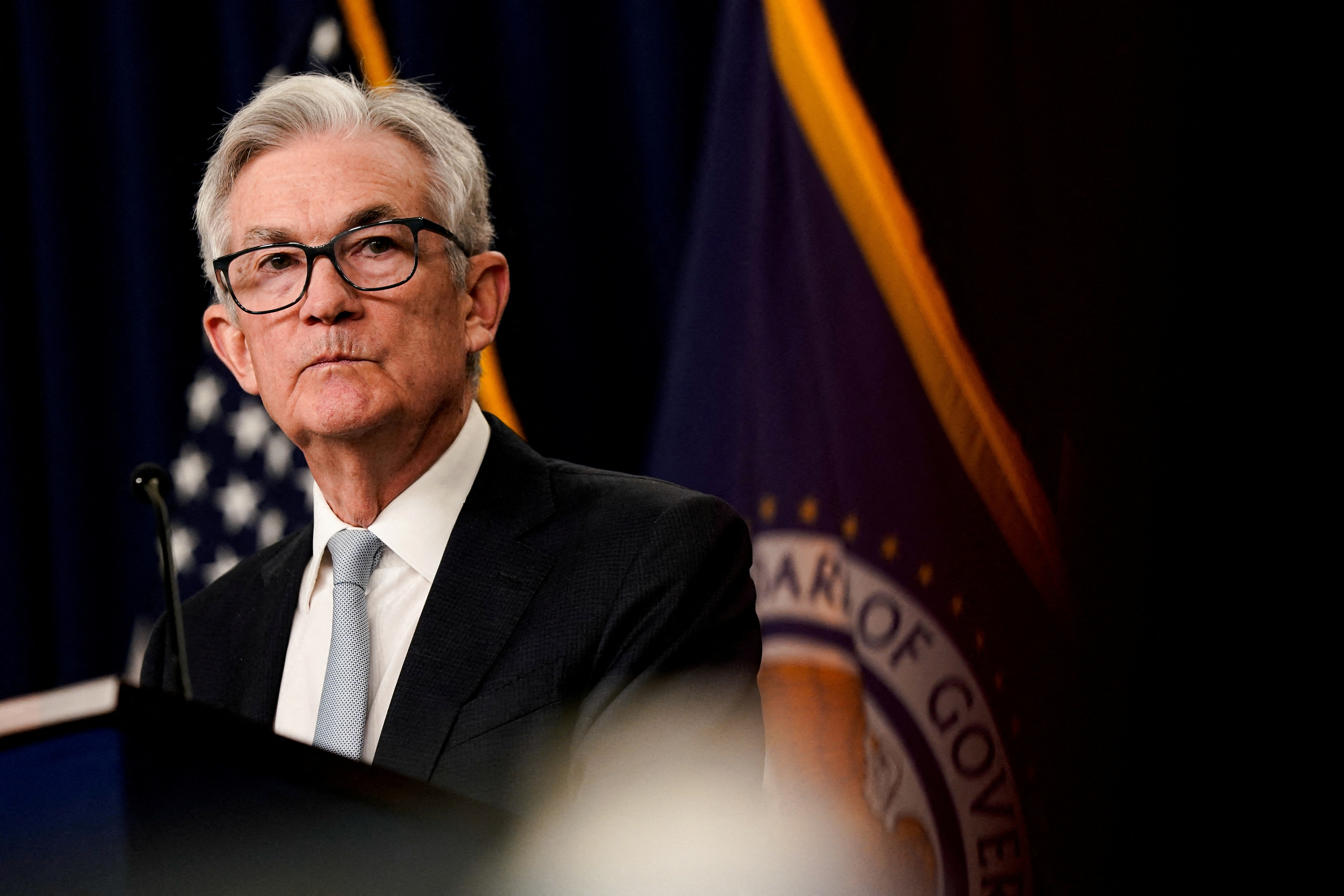 Federal Reserve Chair Powell announces interest rate hike during news conference in Washington