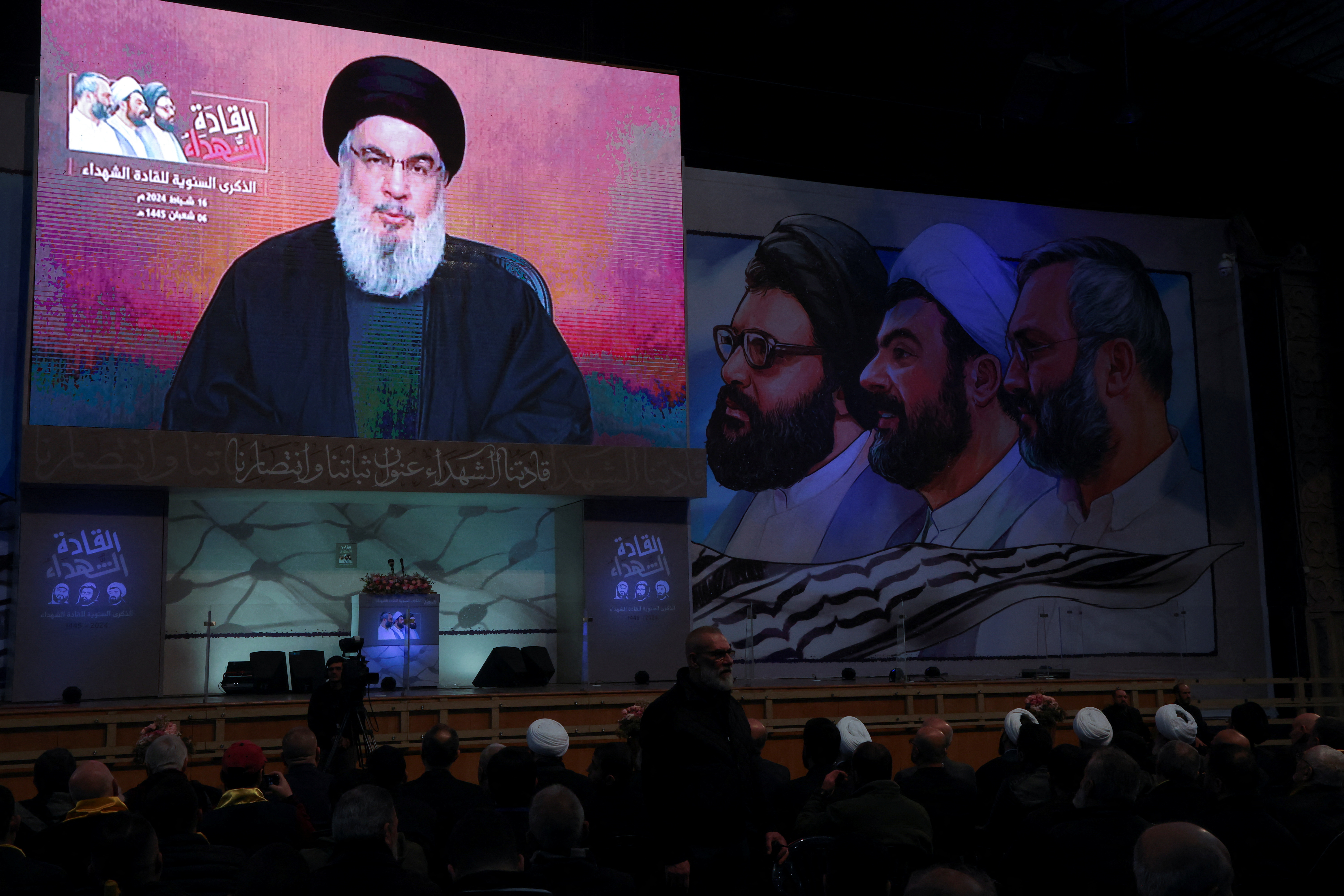 Lebanon's Hezbollah leader Sayyed Hassan Nasrallah gives a televised address during a rally in Beirut's southern suburbs