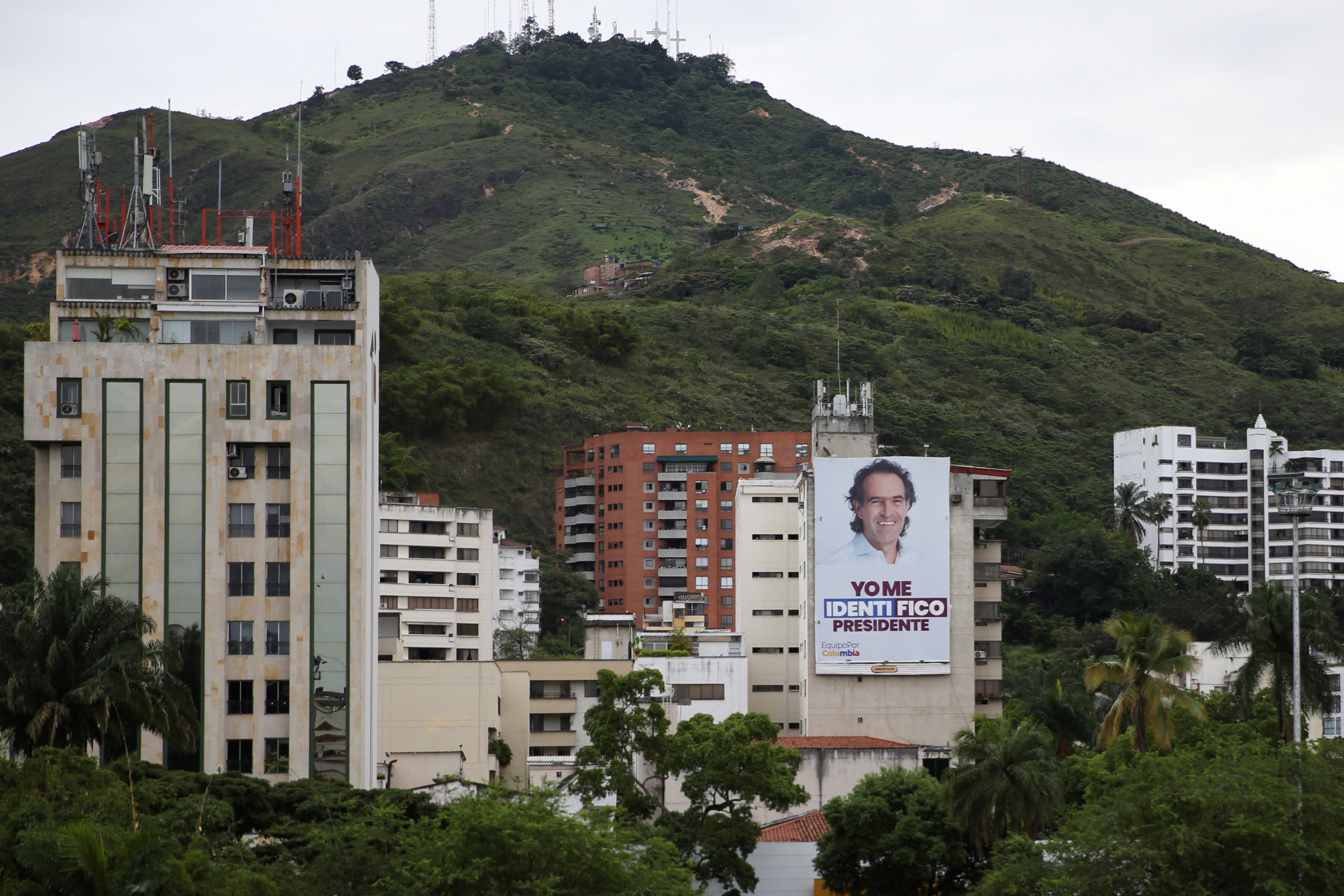A billboard with the image of Colombian centre-right presidential candidate Federico Gutierrez of the government's coalition Team for Colombia is pictured days before the first round of elections in Cali