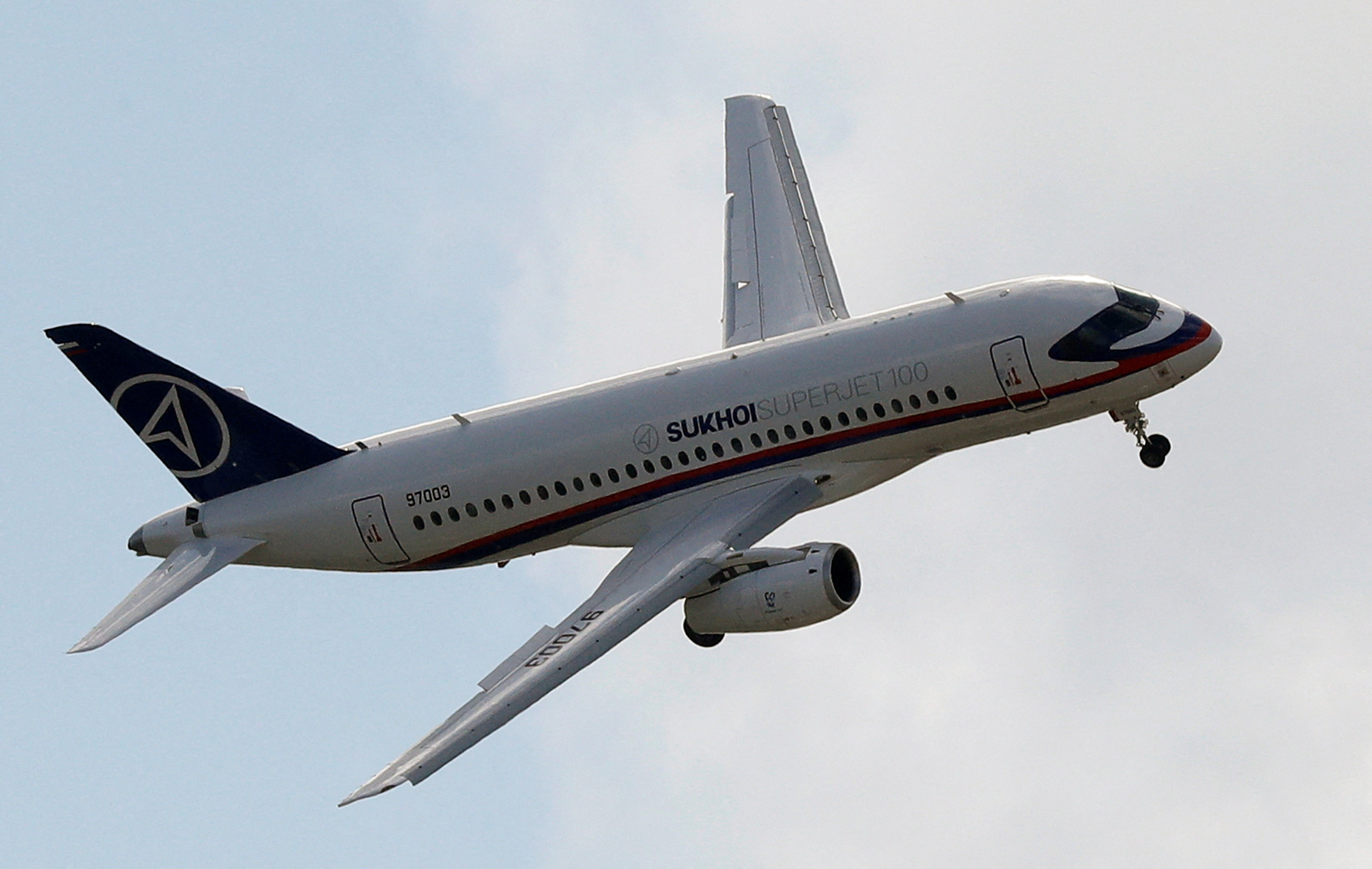 A Sukhoi Superjet 100 regional jet performs during a demonstration flight at the MAKS 2017 air show in Zhukovsky