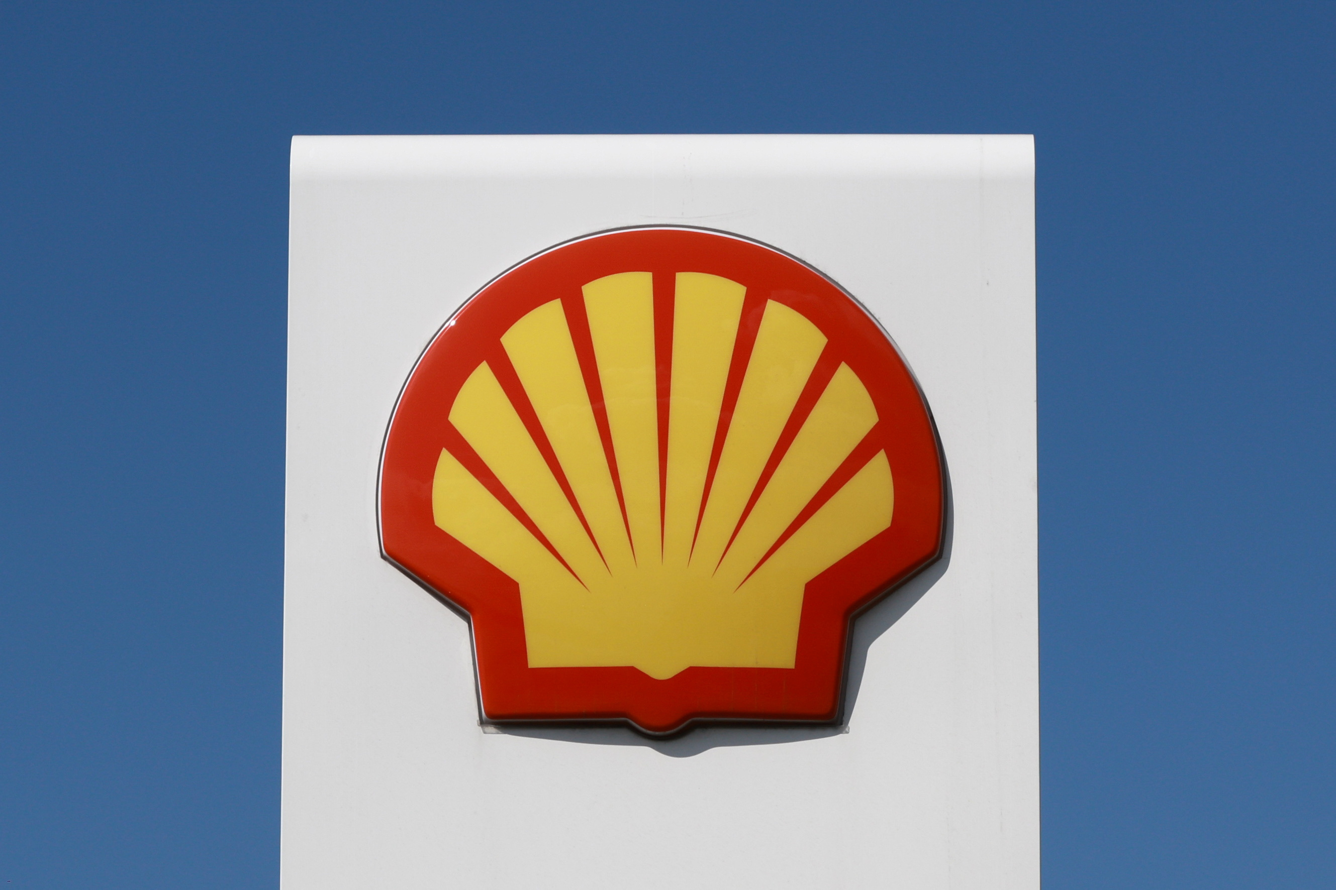 A view shows a board with the logo of Shell at the company's fuel station in Saint Petersburg