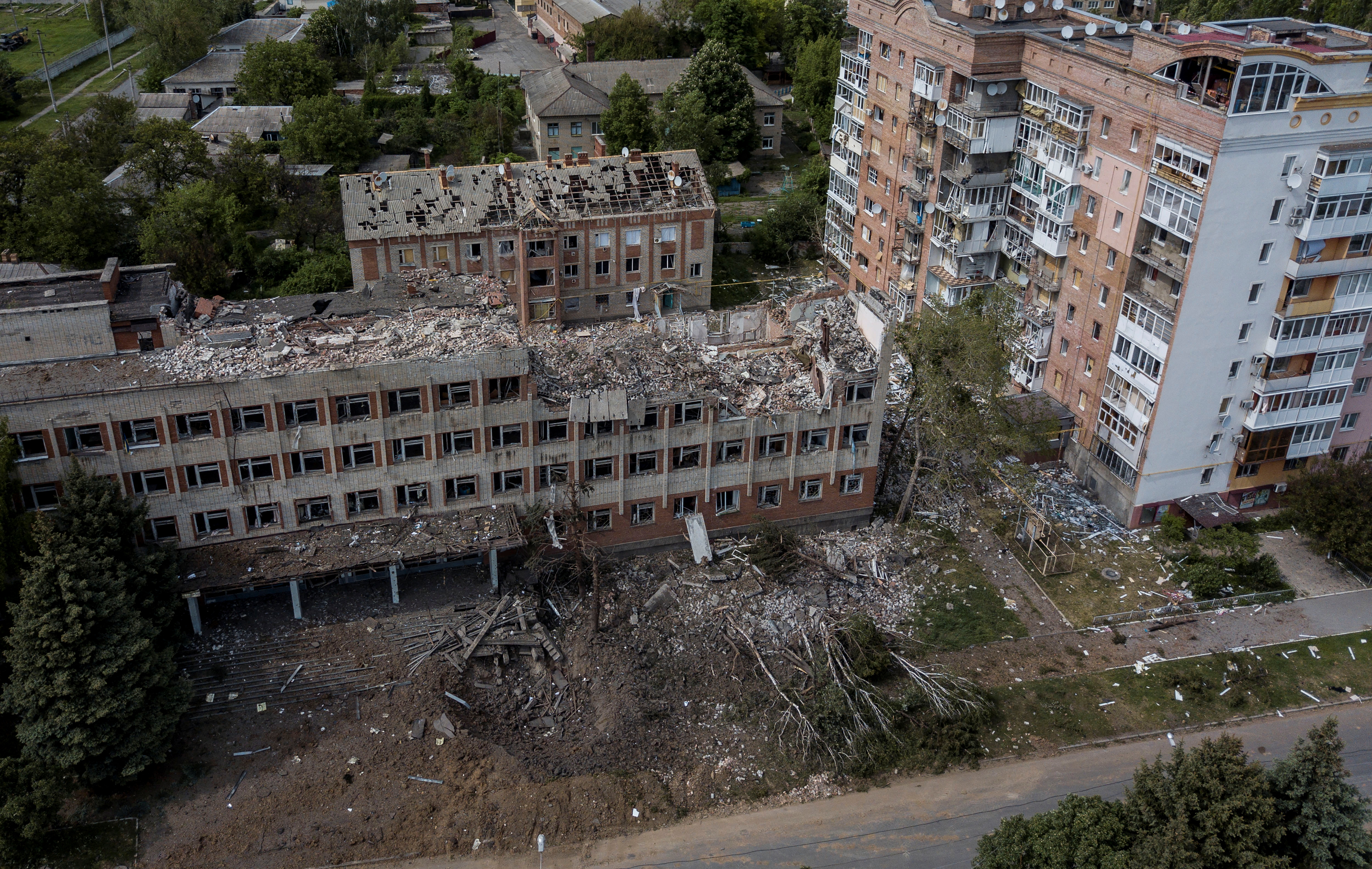 A destroyed building is seen after a rocket attack on a university campus, amid Russia's invasion, in Bakhmut