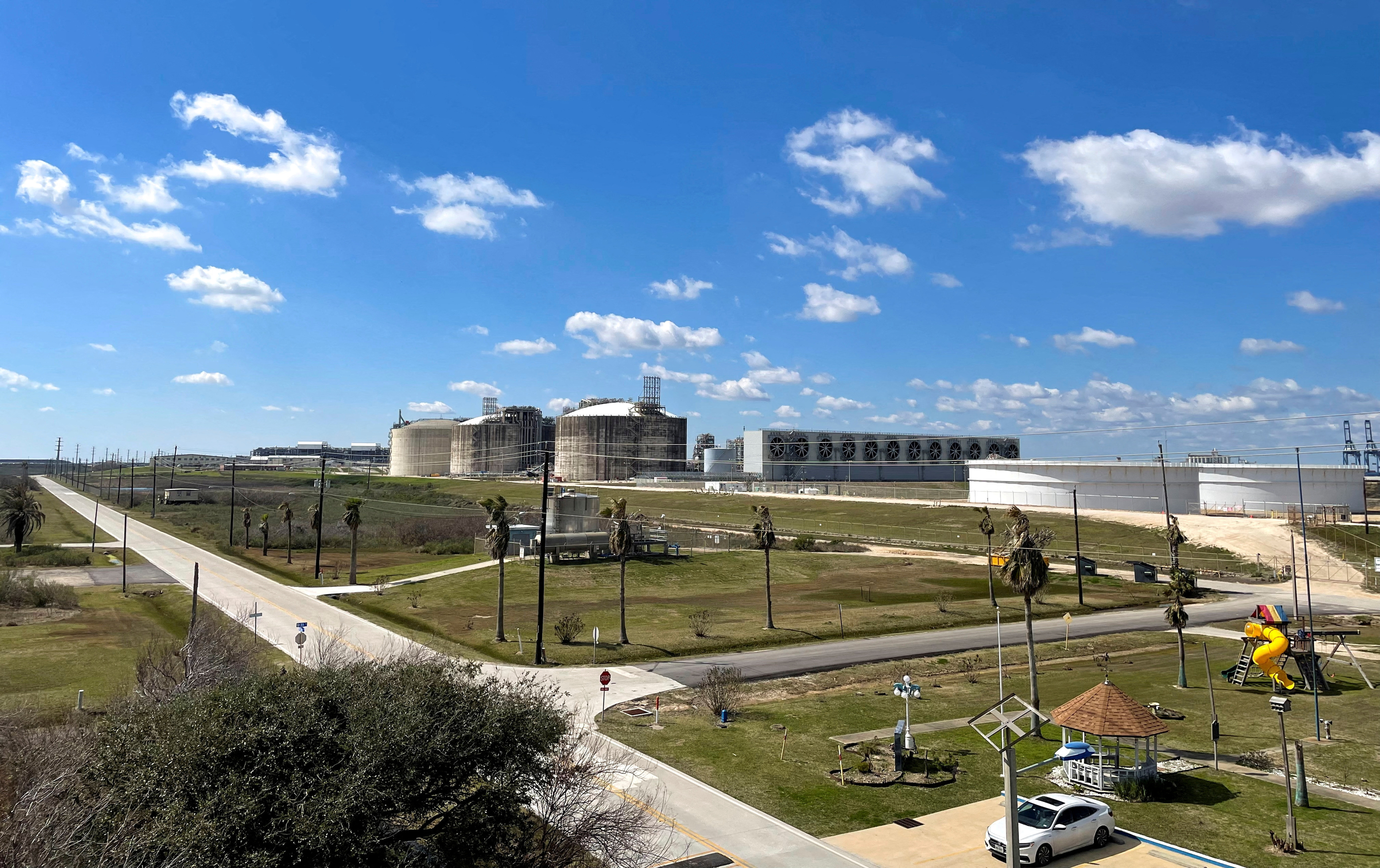 Storage tanks and gas-chilling units at Freeport LNG