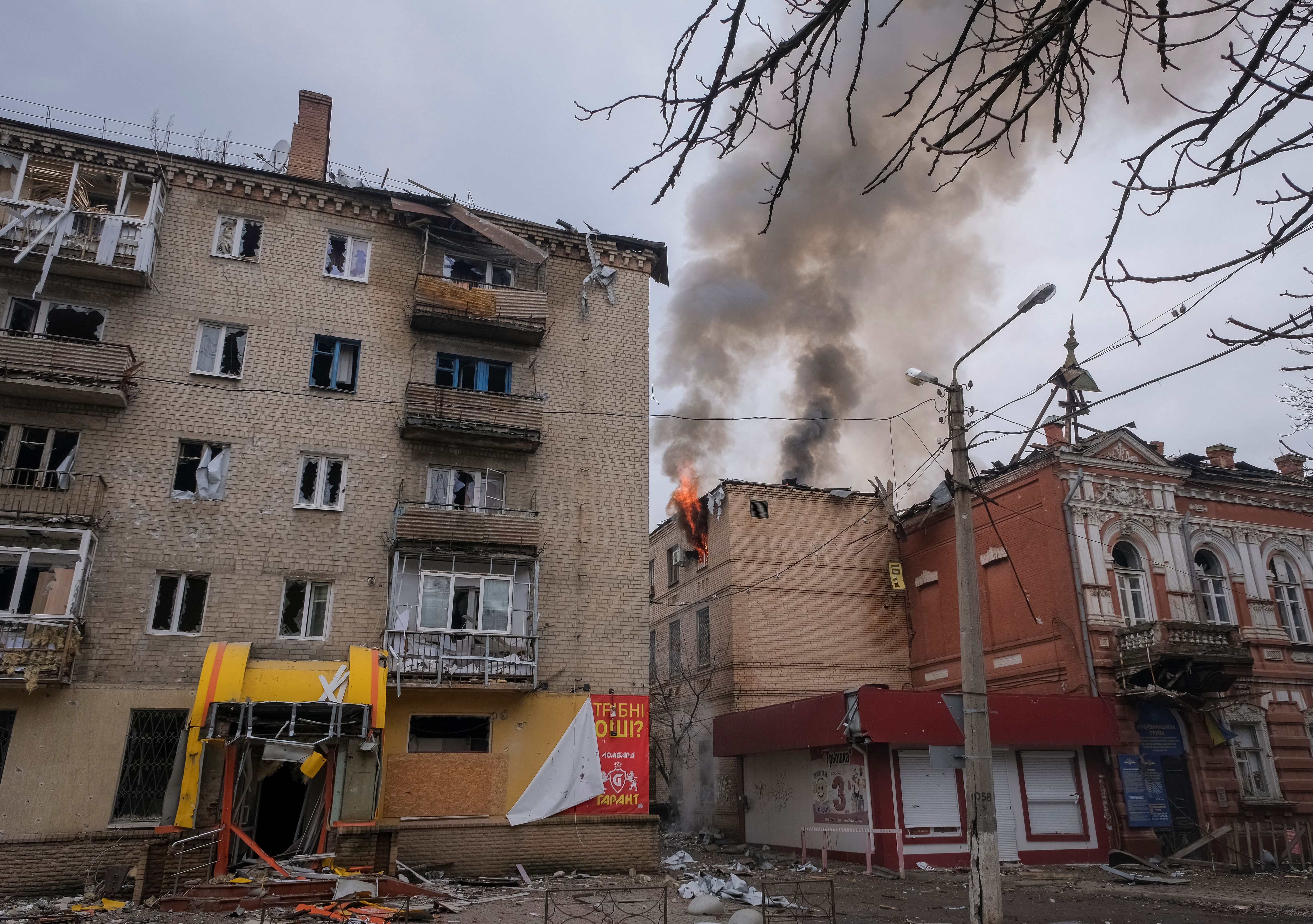A general view shows buildings damaged by a Russian military strike in Bakhmut