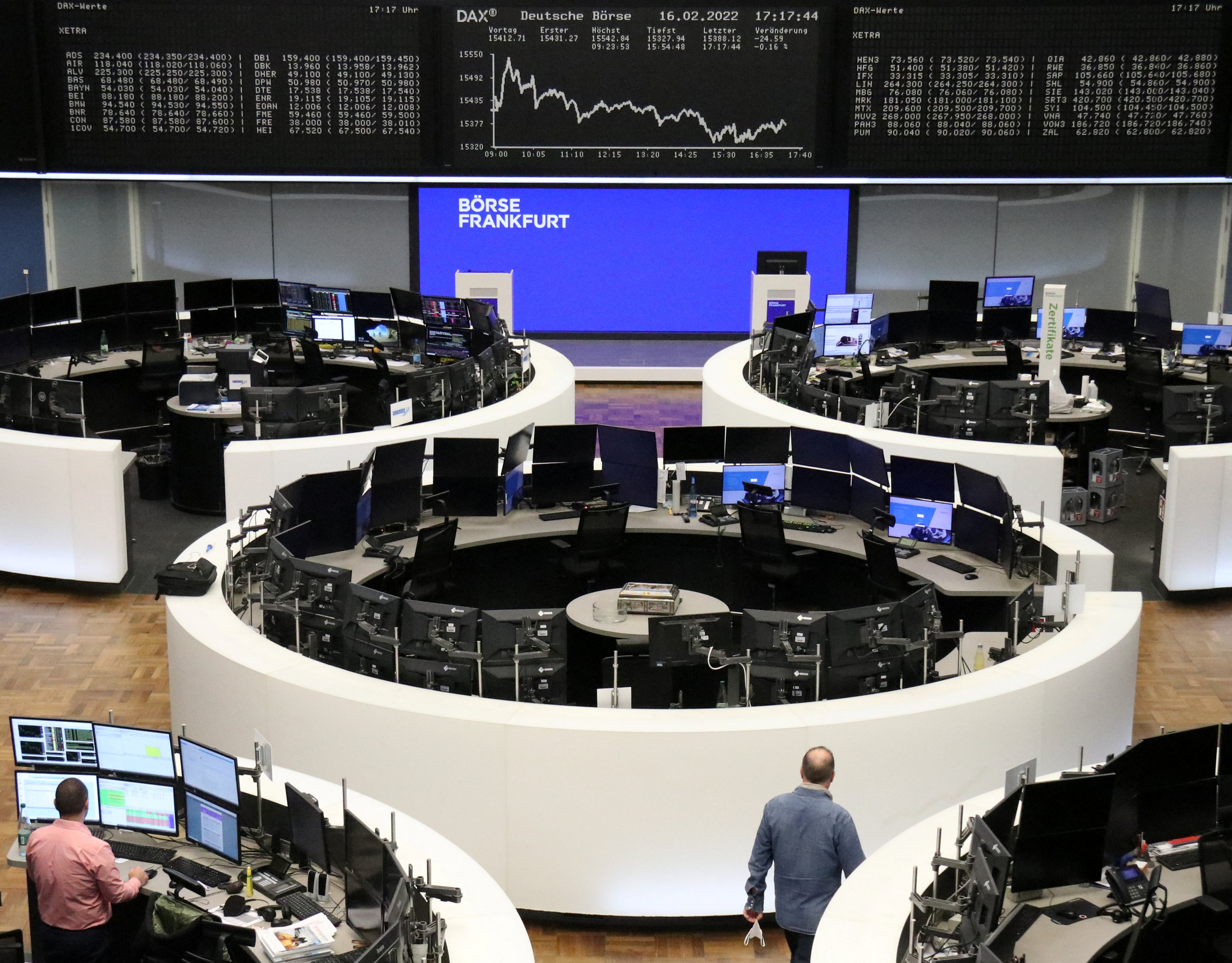 The German share price index DAX graph is pictured at the stock exchange in Frankfurt, Germany, February 16, 2022. REUTERS/Staff