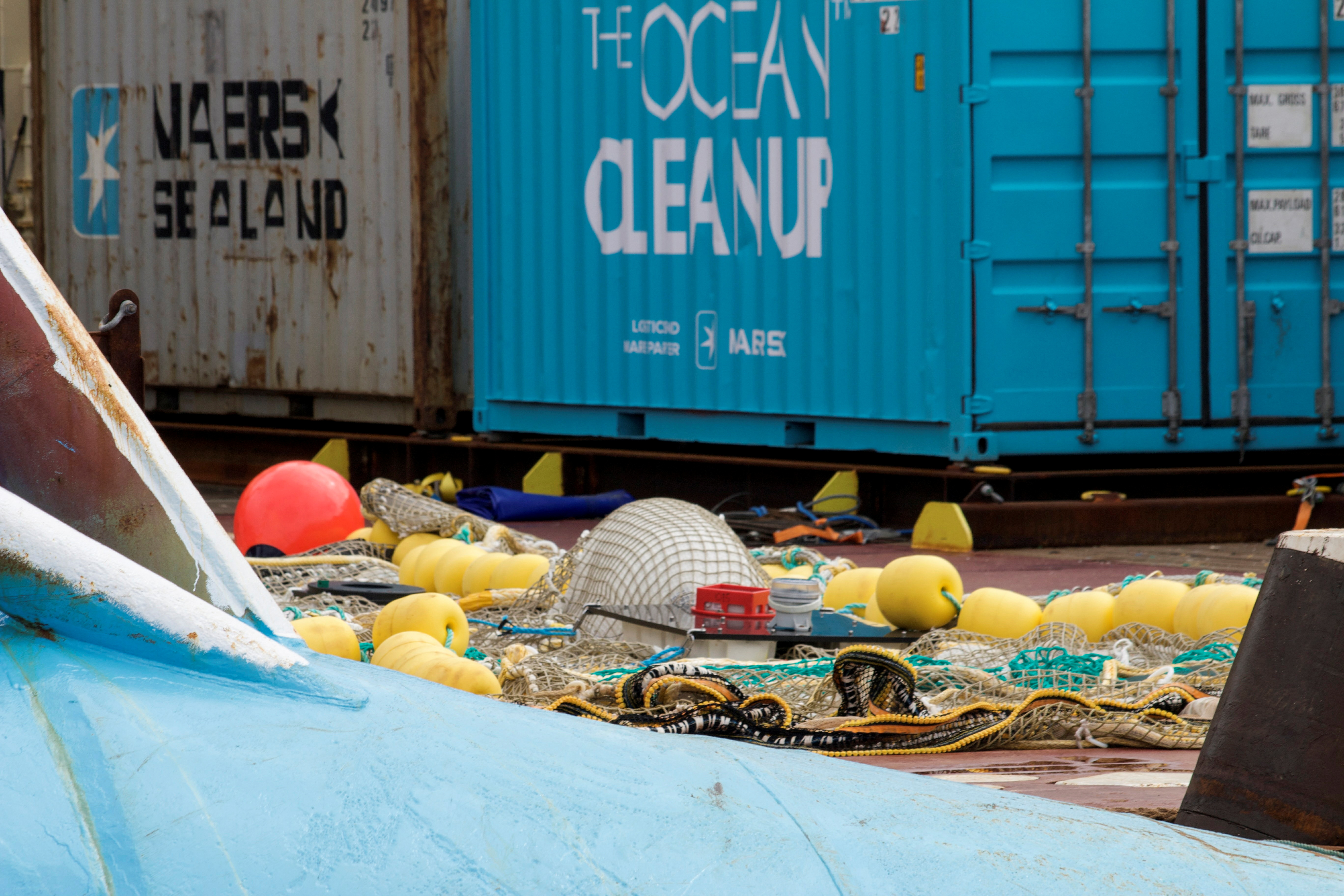 A catchment system used by non-profit the Ocean Cleanup to remove plastic from the ocean is seen on the deck of a vessel in Victoria, Canada, September 8, 2021. REUTERS/Gloria Dickie