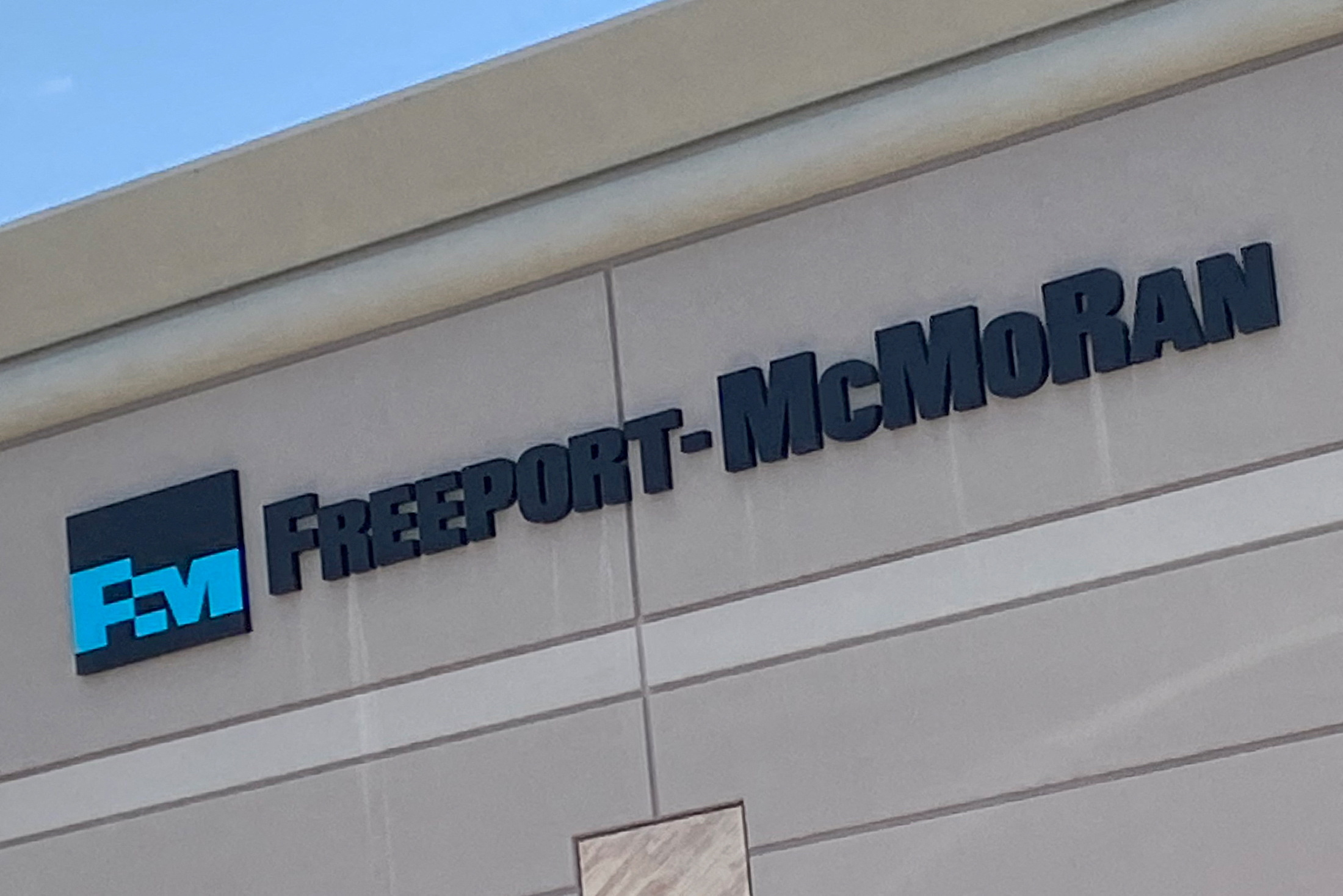 The logo of  copper miner Freeport-McMoRan Inc is displayed on their offices in Phoenix