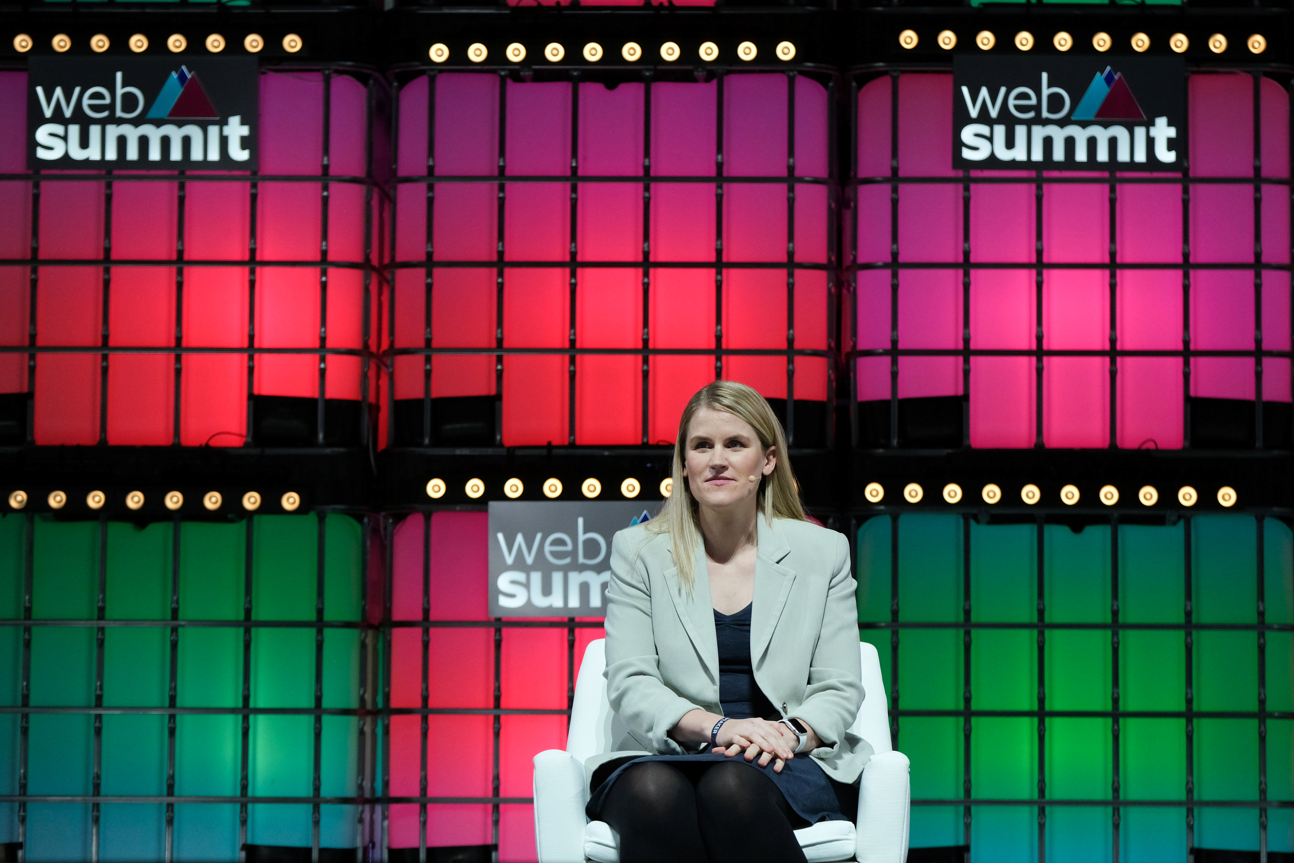 The Facebook Whistleblower Frances Haugen looks on during the opening ceremony of Web Summit, Europe's largest technology conference, in Lisbon