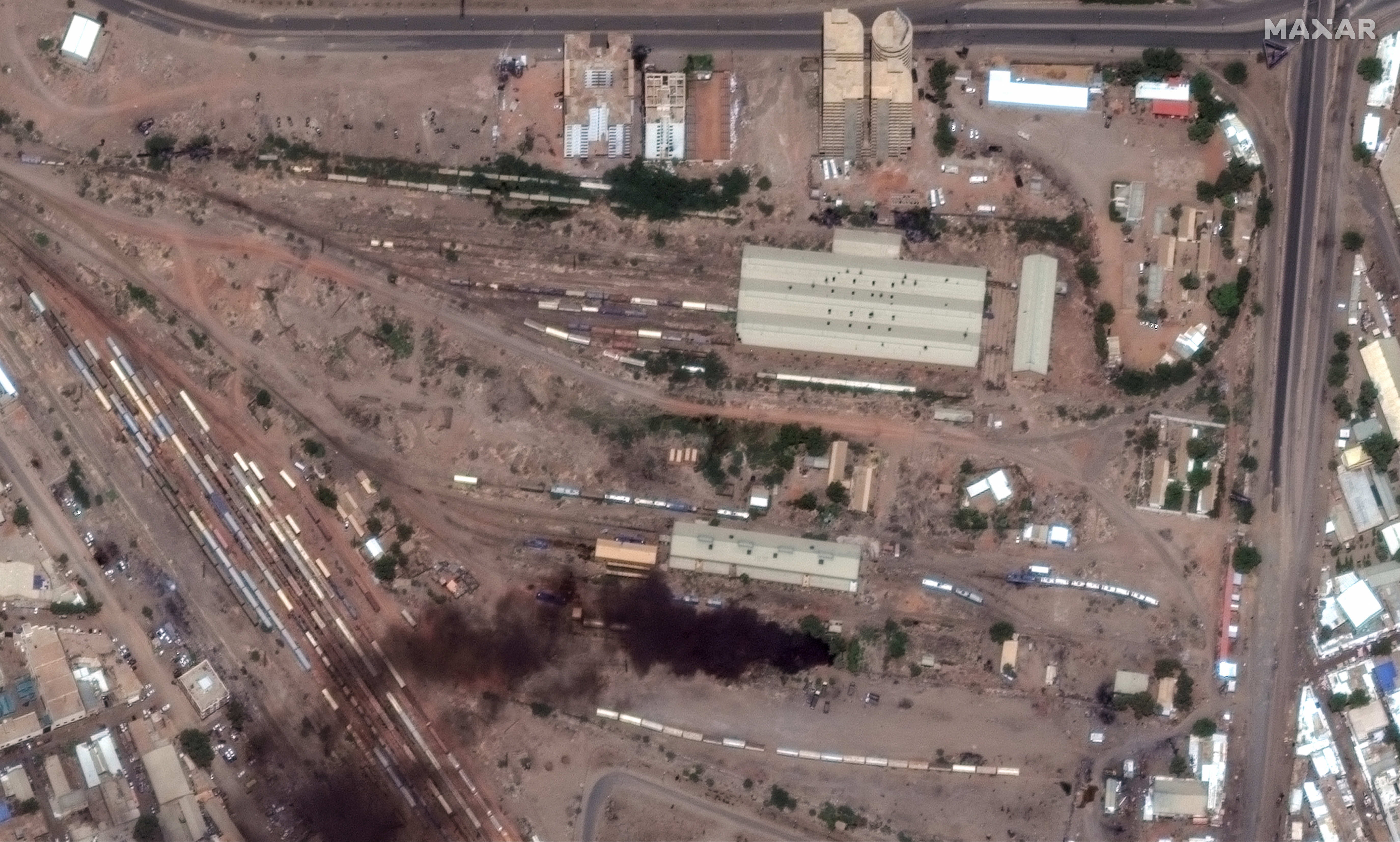 Satellite image shows fires and smoke at Khartoum Railway authority in Khartoum