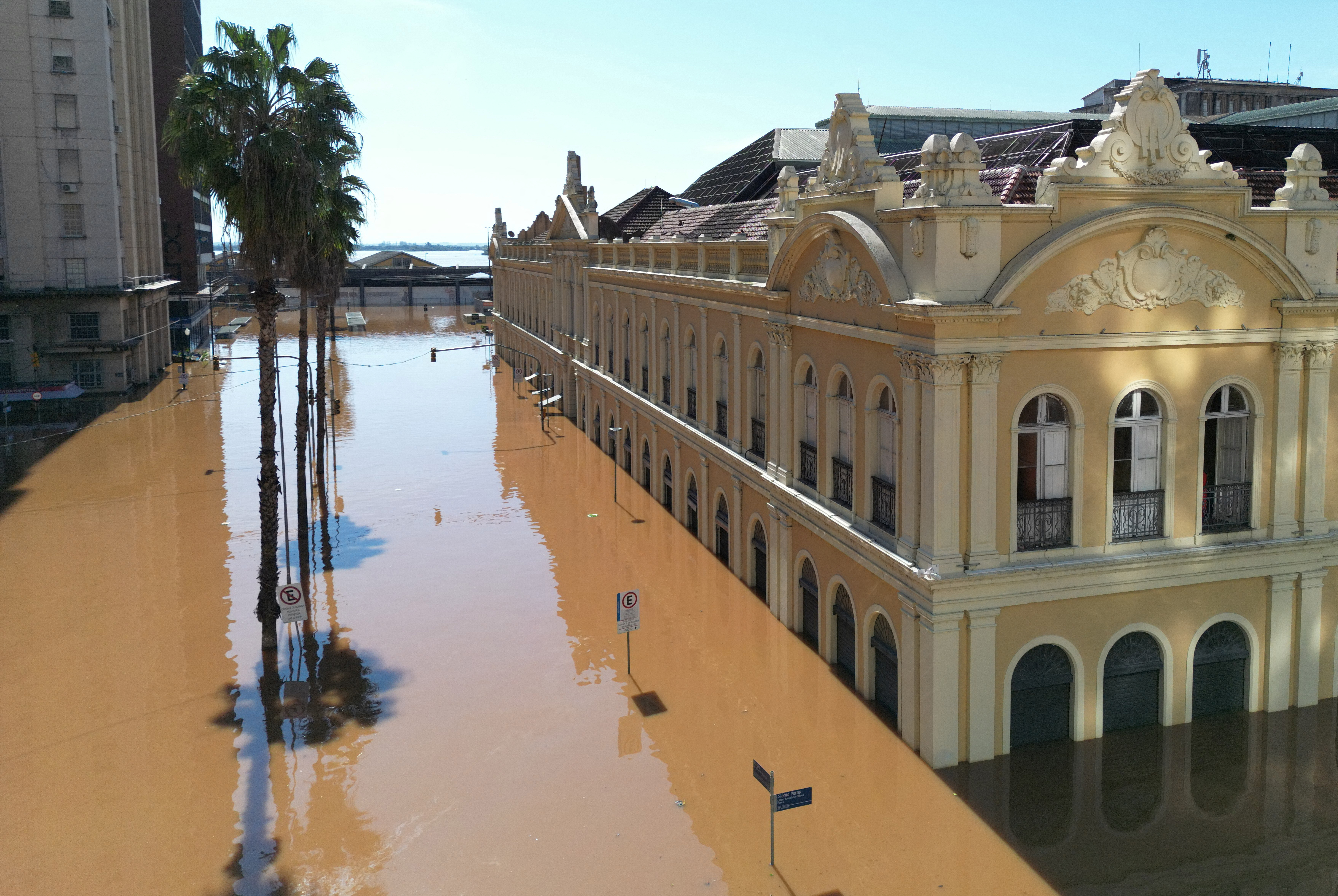 A drone view of the flooded area around the market in Porto Alegre