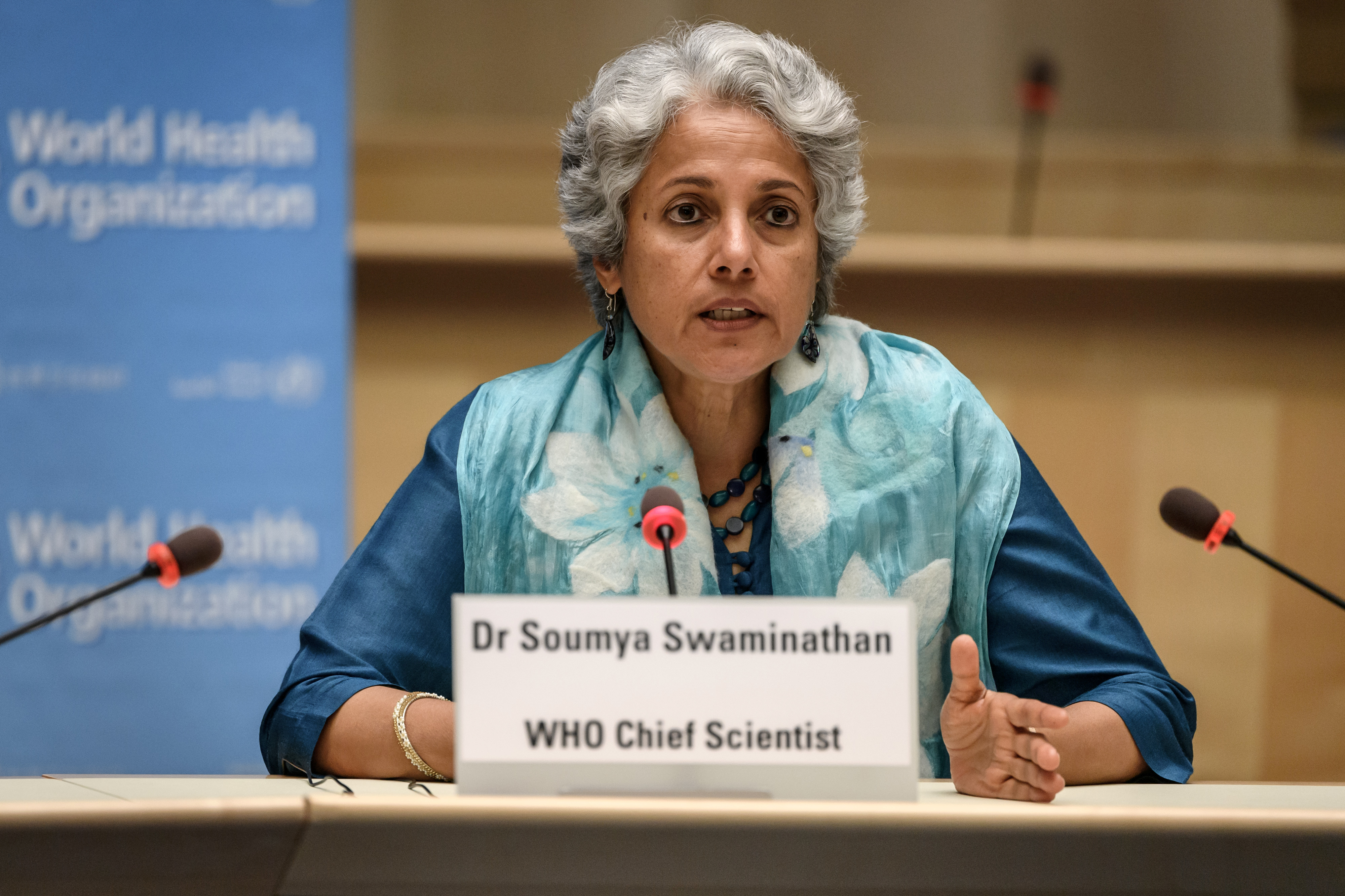 World Health Organization (WHO) Chief Scientist Soumya Swaminathan attends a news conference in Geneva