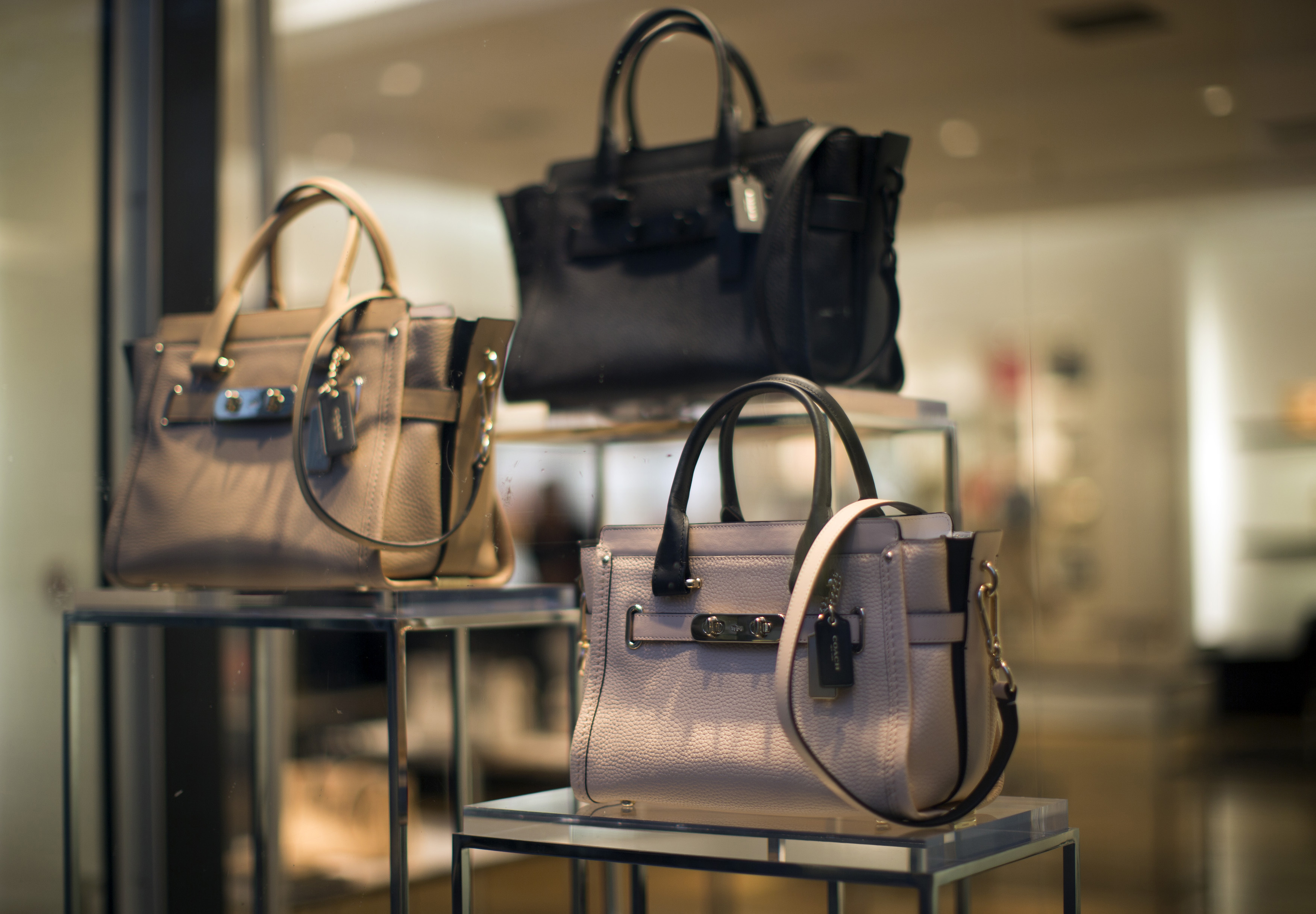 Handbags are pictured through a window of a Coach store in Pasadena