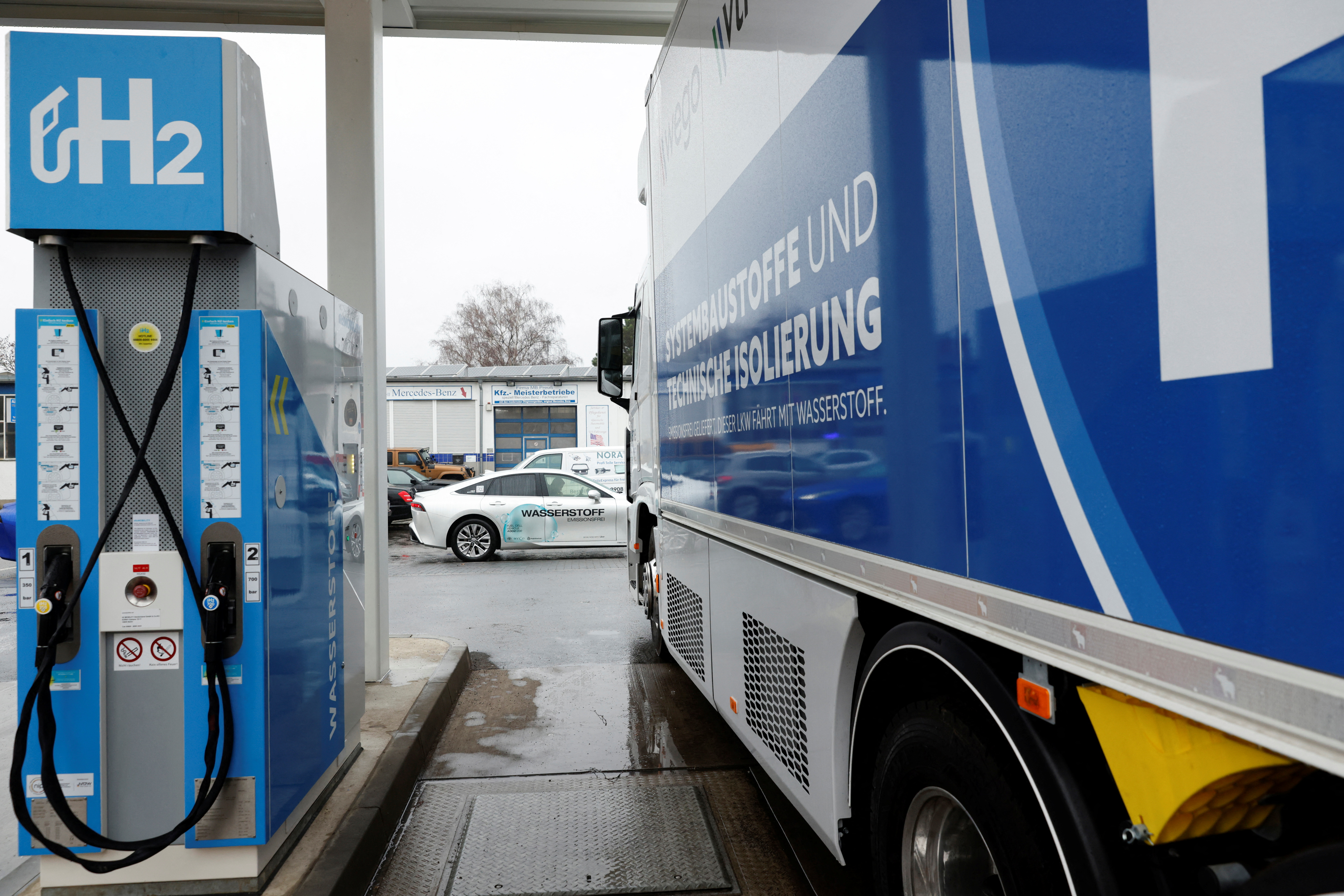 Hydrogen H2 Filling Nozzles are plugged into a hydrogen filling station for trucks and cars in Berlin, Germany January 11, 2023. REUTERS/Michele Tantussi