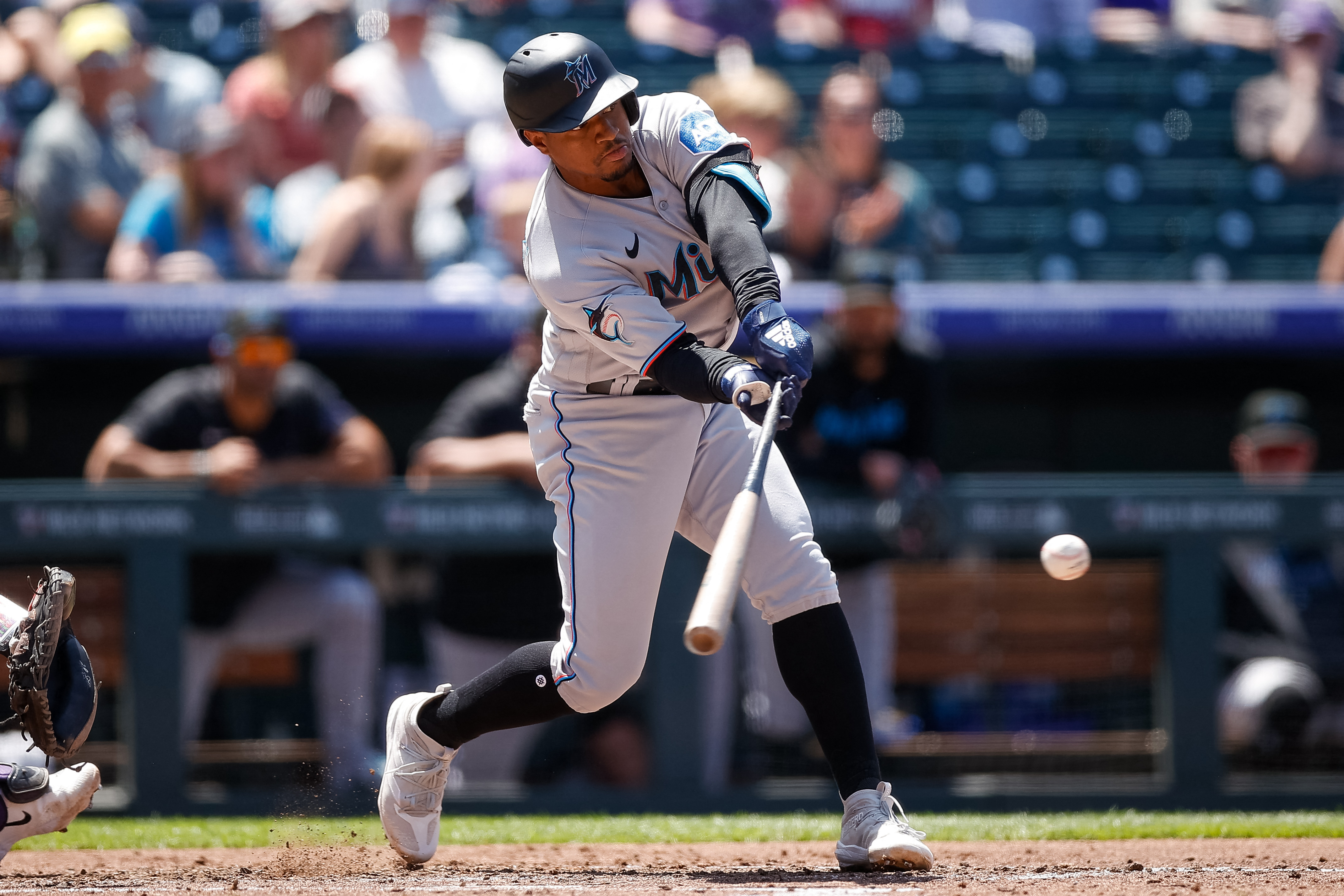 Colorado Rockies outfielder Randal Grichuk reacts after pitching during the  ninth inning of the first baseball game of the team's doubleheader against  the Miami Marlins on Wednesday, June 1, 2022, in Denver.