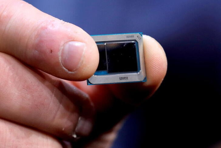 An Intel Tiger Lake chip is displayed at an Intel news conference during the 2020 CES in Las Vegas