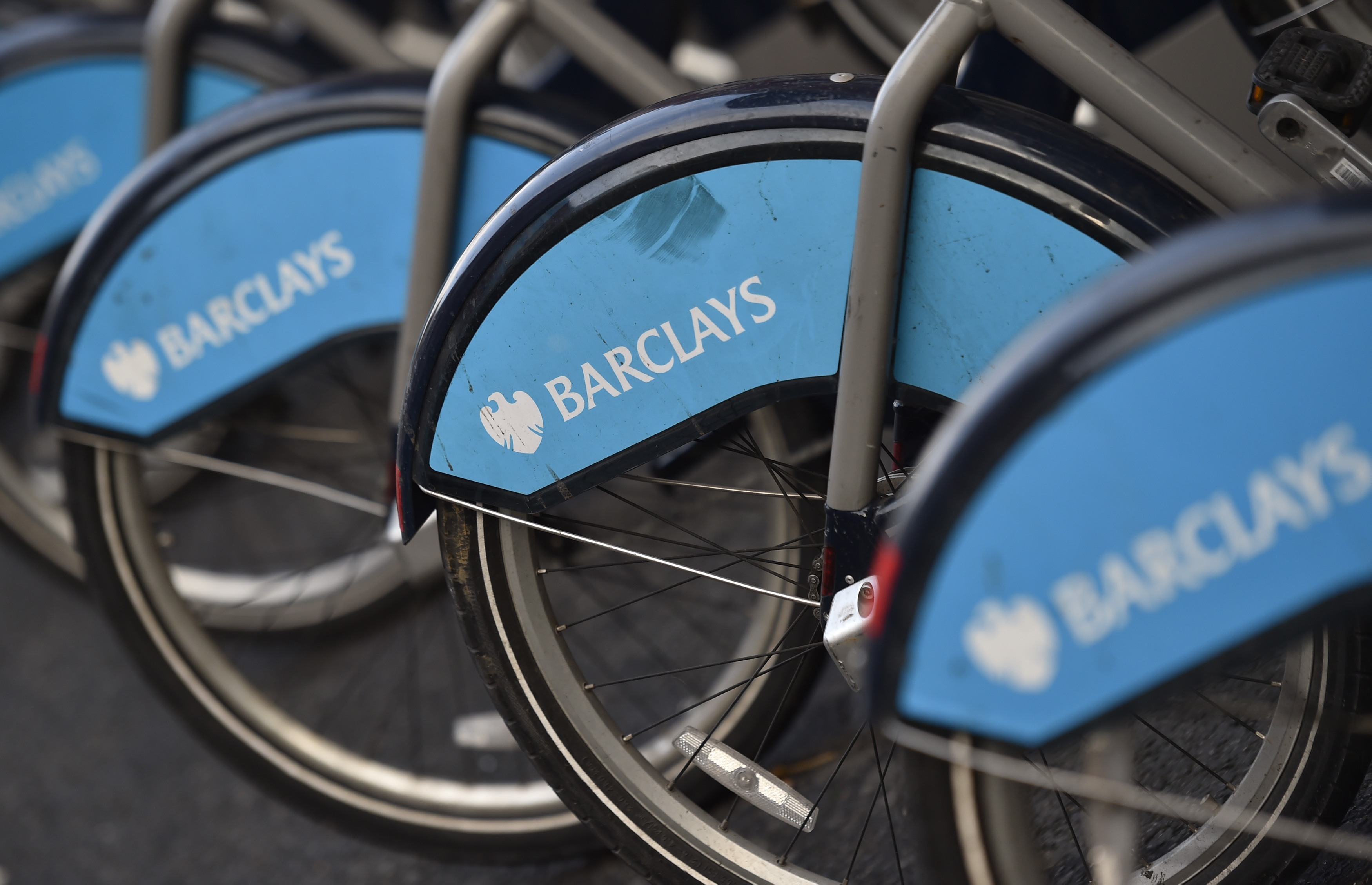 The Barclays logo is seen on public hire bicycles in central London