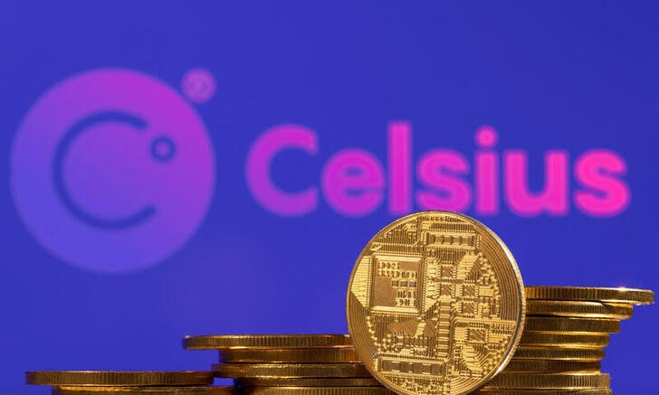 Illustration shows Celsius logo and representation of cryptocurrencies