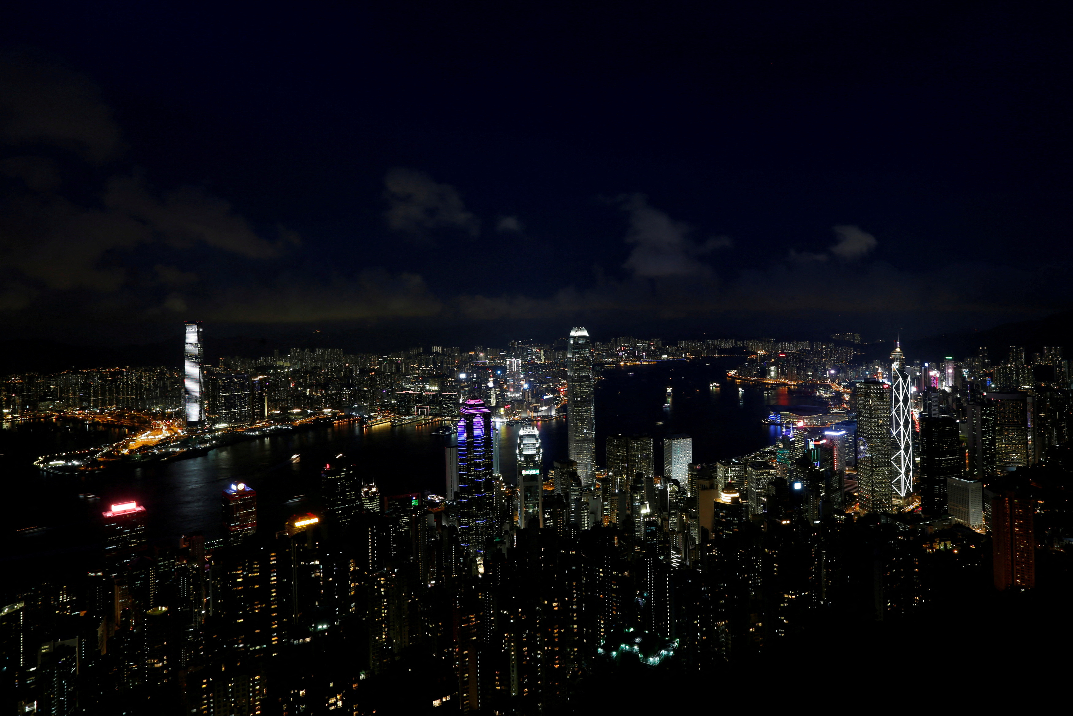 Lights light up the skyline of Hong Kong in the evening