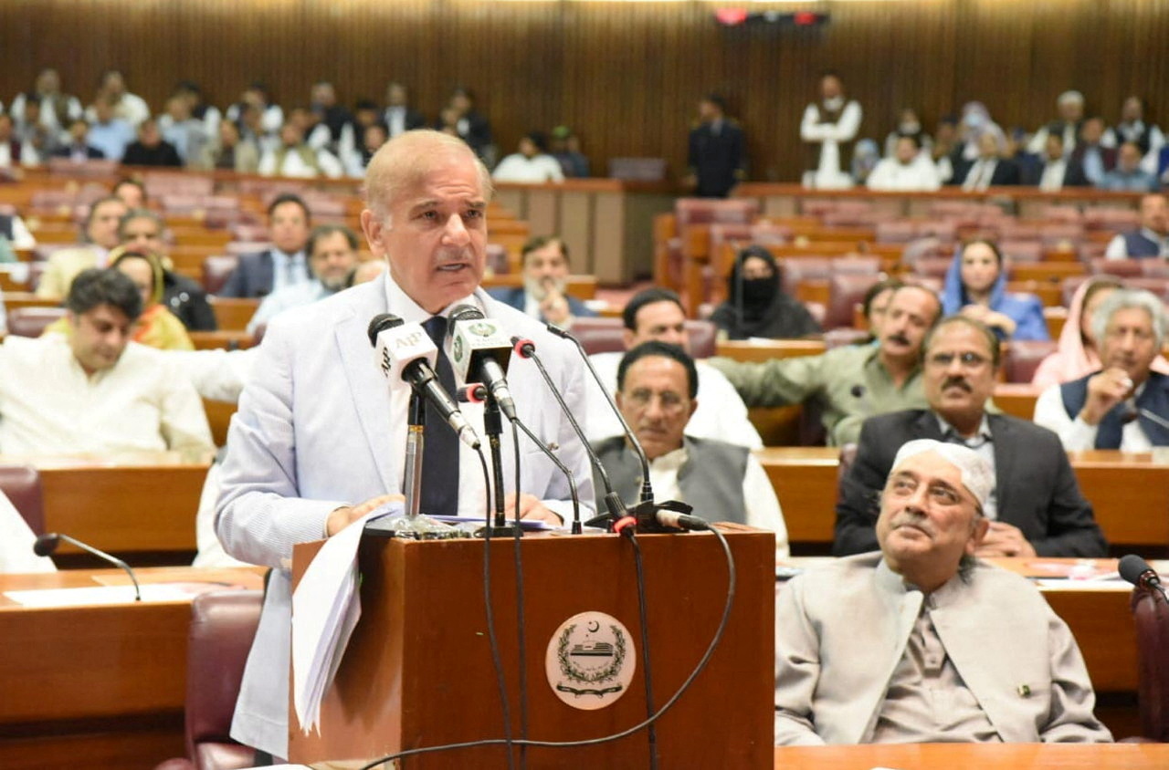 Pakistan's prime minister-elect Shehbaz Sharif speaks after winning a parliamentary vote to elect a new prime minister, at the national assembly, in Islamabad