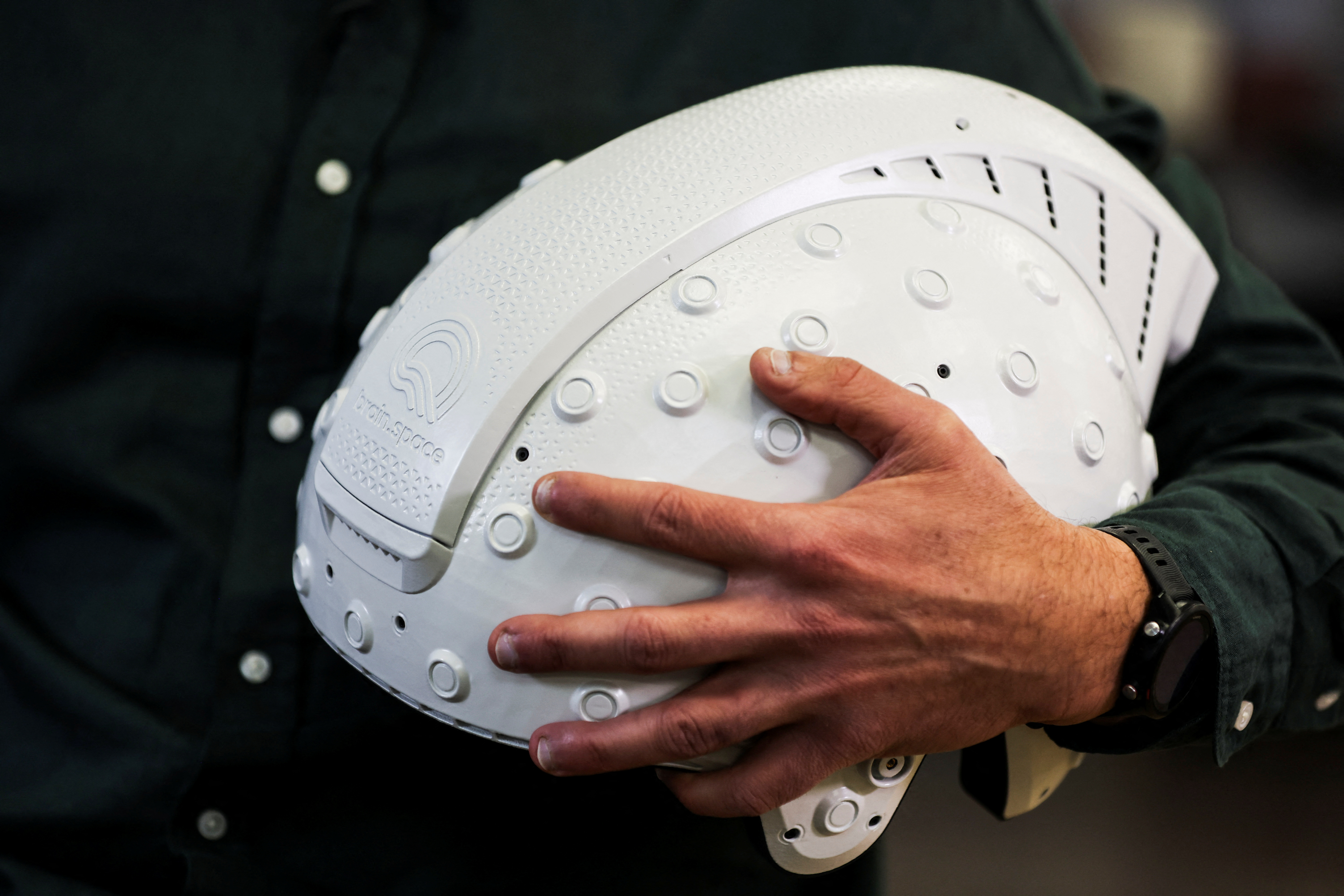 A model of an EEG enabled helmet, due to be used in an experiment on the impact of a microgravity environment on brain activity is displayed at Israeli startup Brain.Space in Tel Aviv