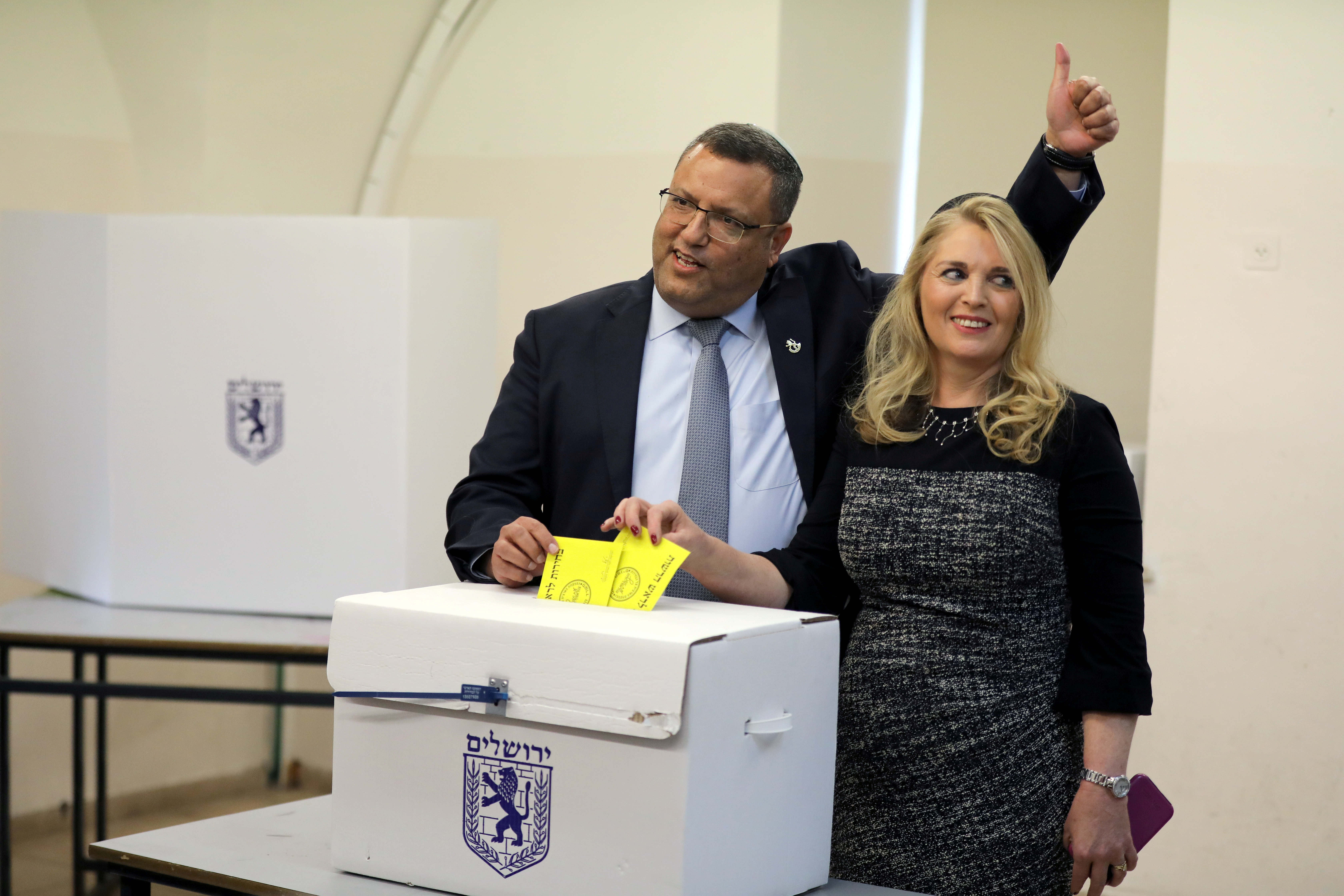 Moshe Lion and his wife cast their votes in the second round of local council elections in Jerusalem