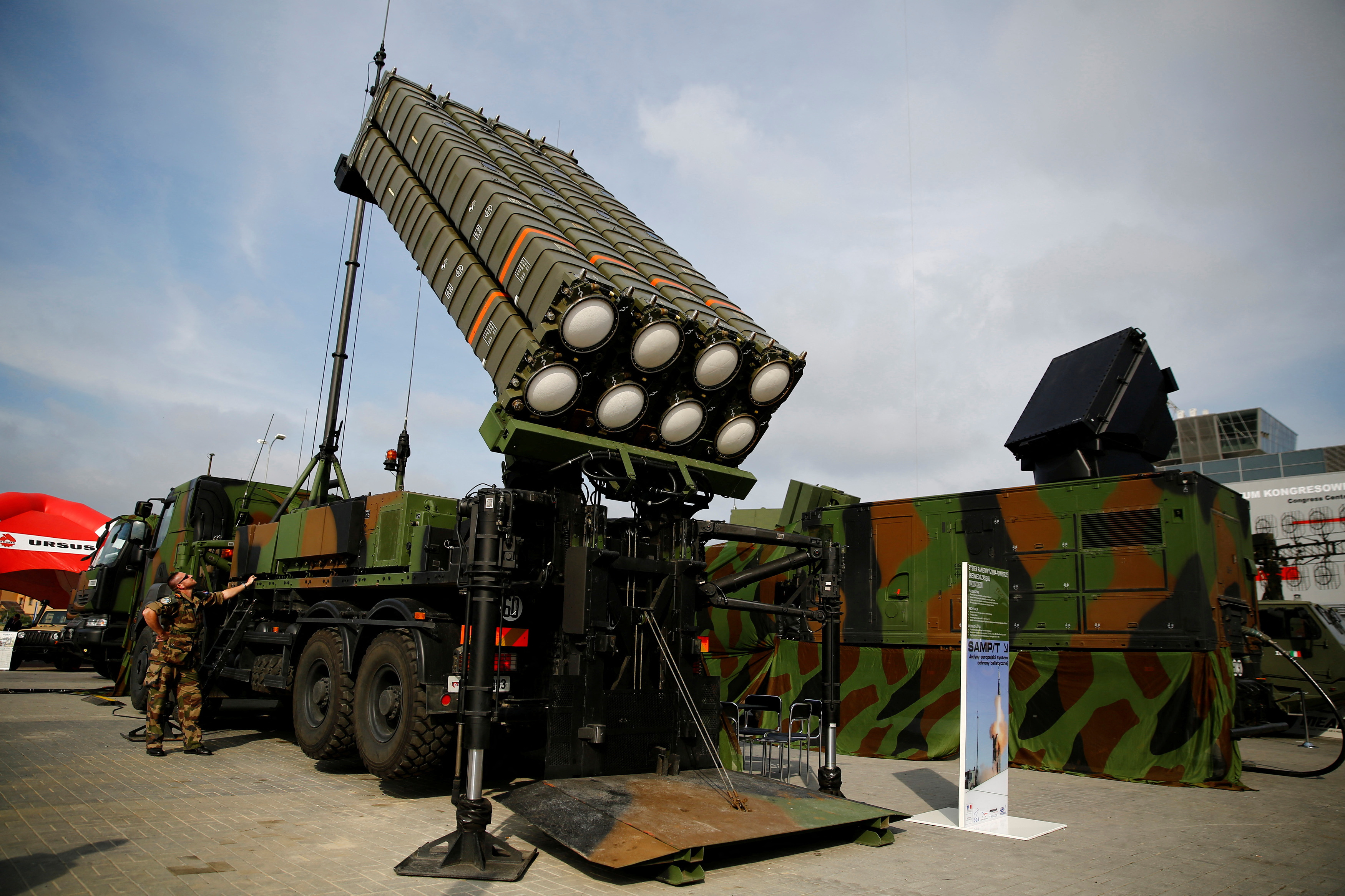 Soldiers present an anti-missile system SAMP/T by Thales at an international military fair in Kielce