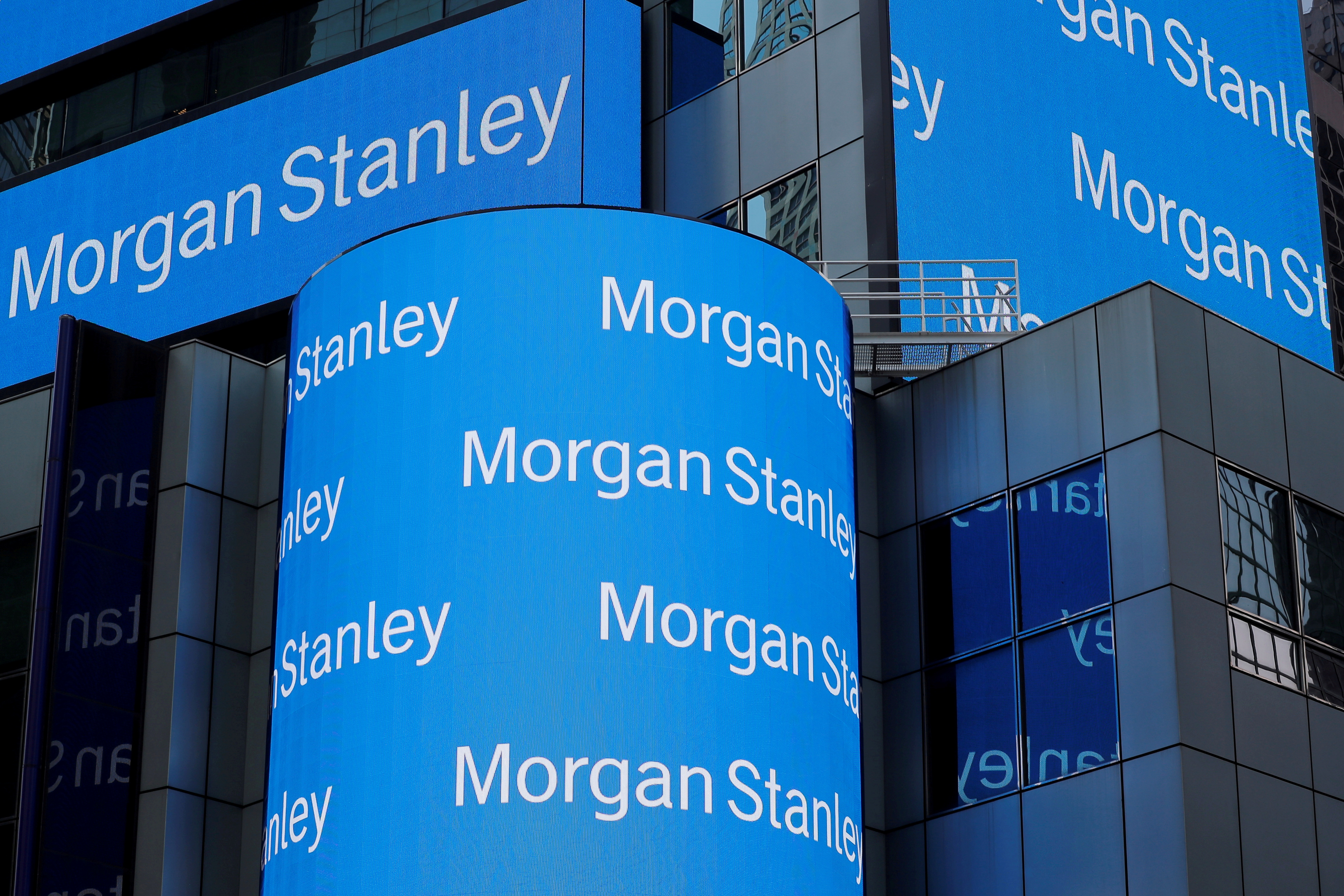 A sign is displayed on the Morgan Stanley building in New York
