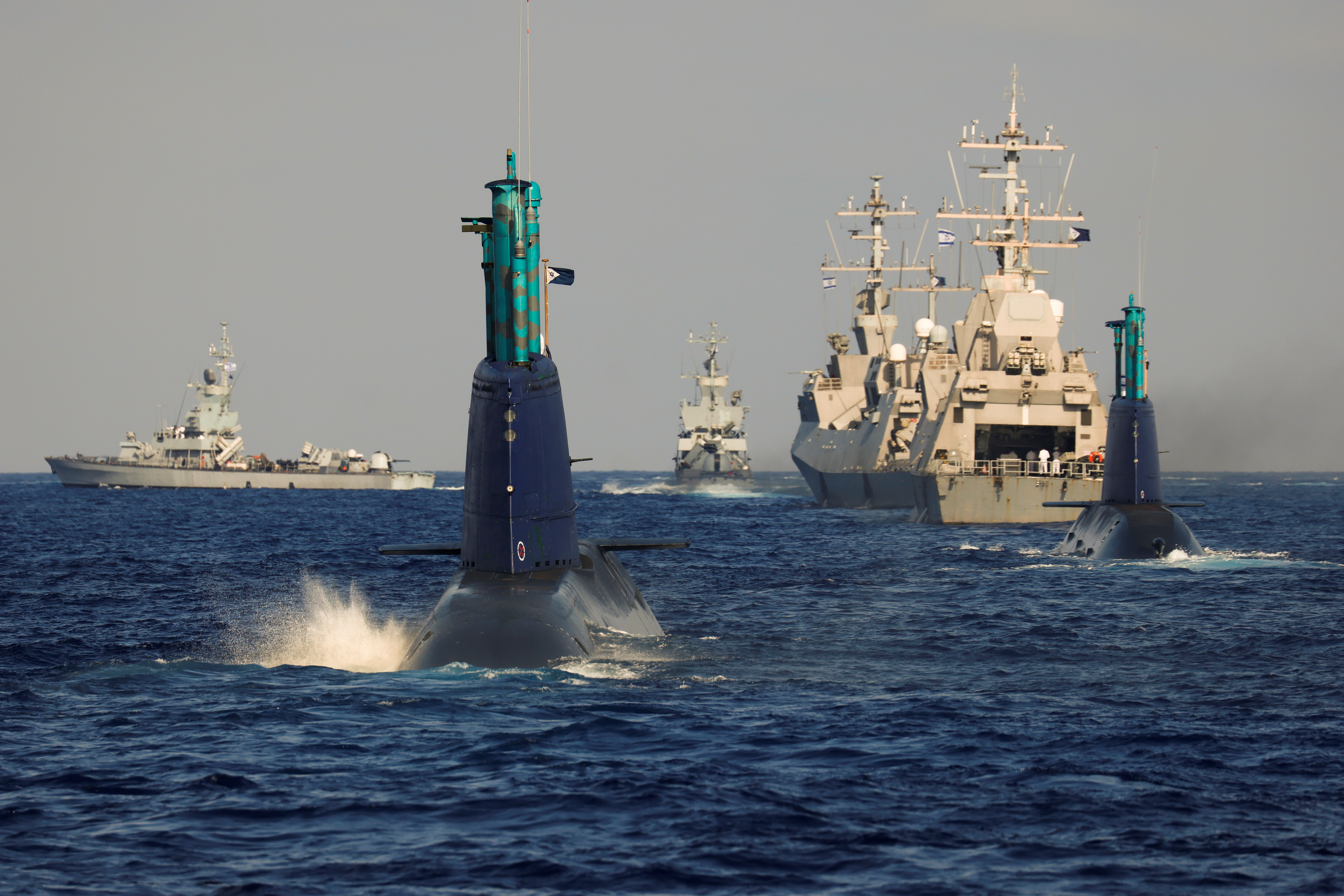 Leviathan and a second Israeli navy submarine are seen during a naval manoeuvre in the Mediterranean Sea off the coast of Haifa
