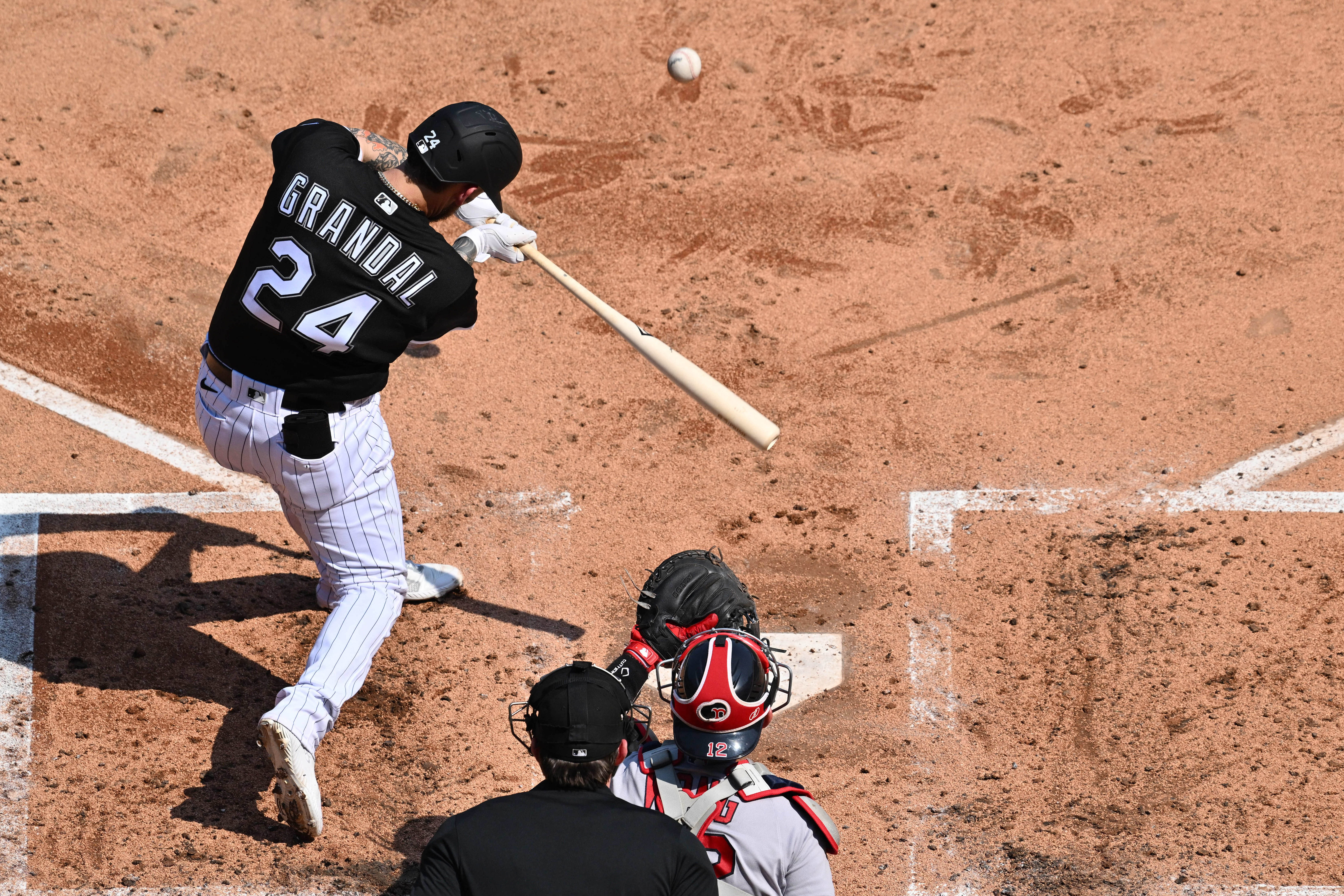 CHICAGO, IL - MAY 16: Chicago White Sox designated hitter Gavin Sheets (32)  reacts after hitting a three run home run in the fifth inning during a  Major League Baseball game between