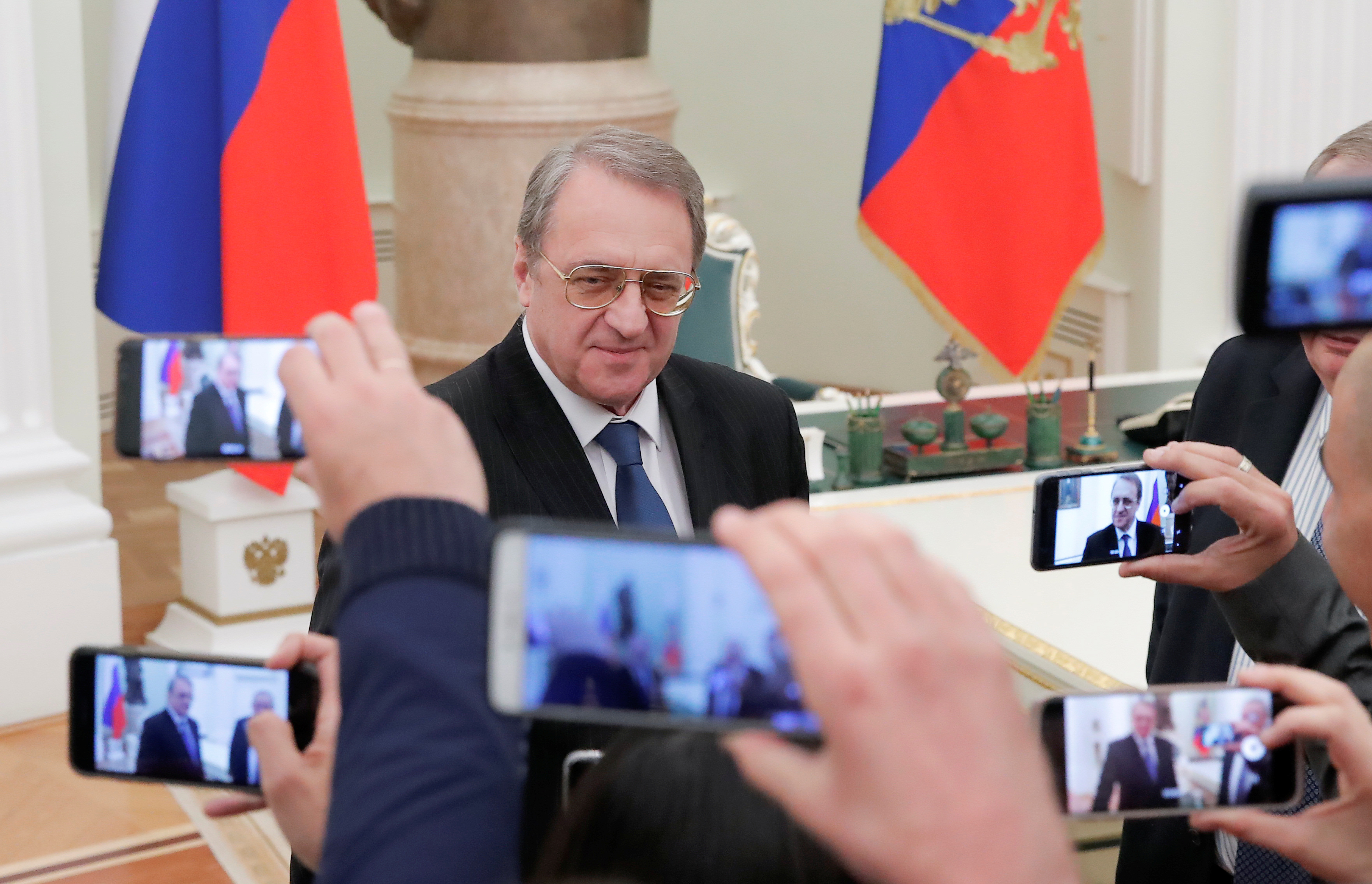 Russian Deputy Foreign Minister Bogdanov attends a meeting of Russian President Putin with Israeli Prime Minister Netanyahu in Moscow