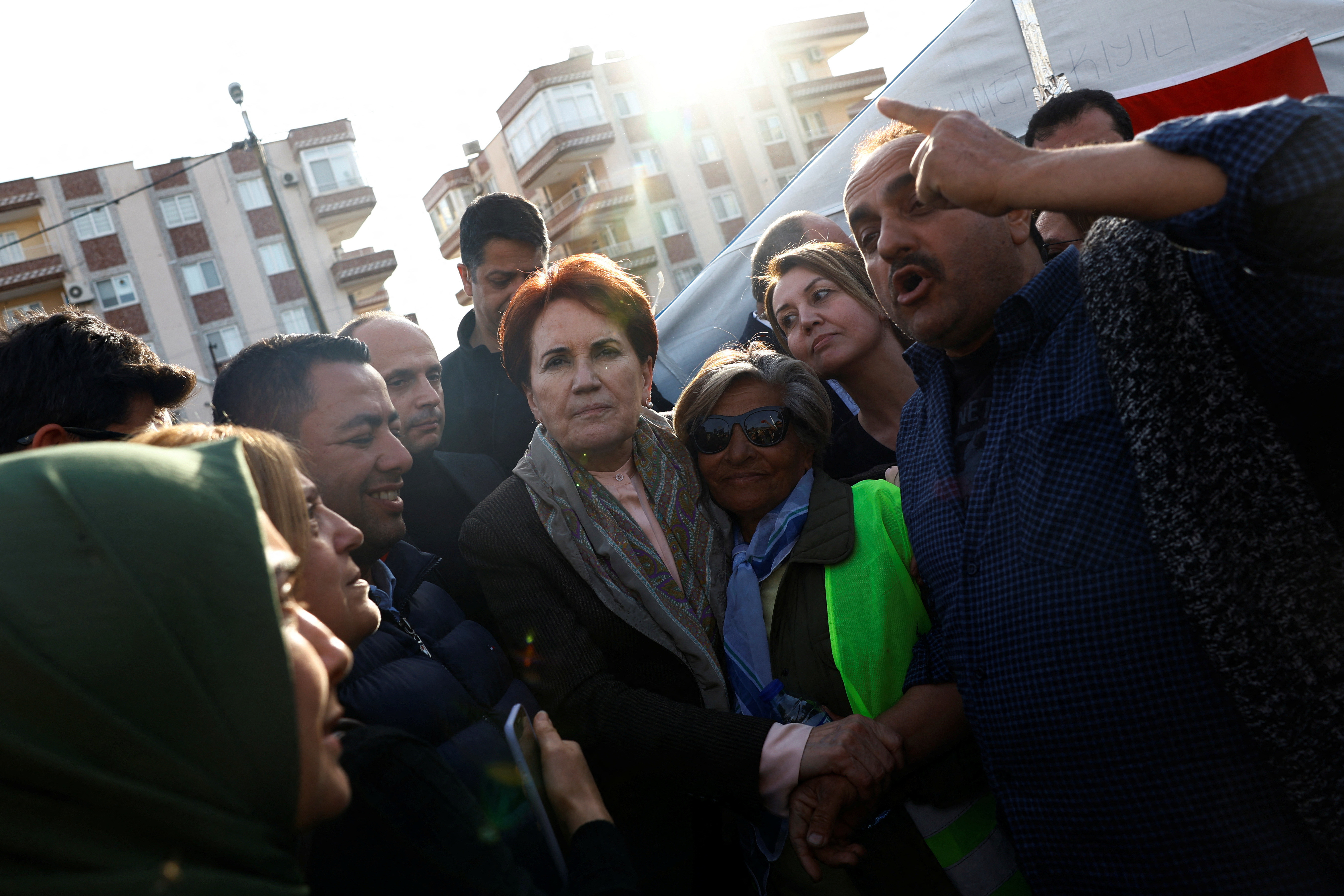 Meral Aksener, leader of IYI (Good) Party, visits earthquake survivors living in tents in Iskenderun
