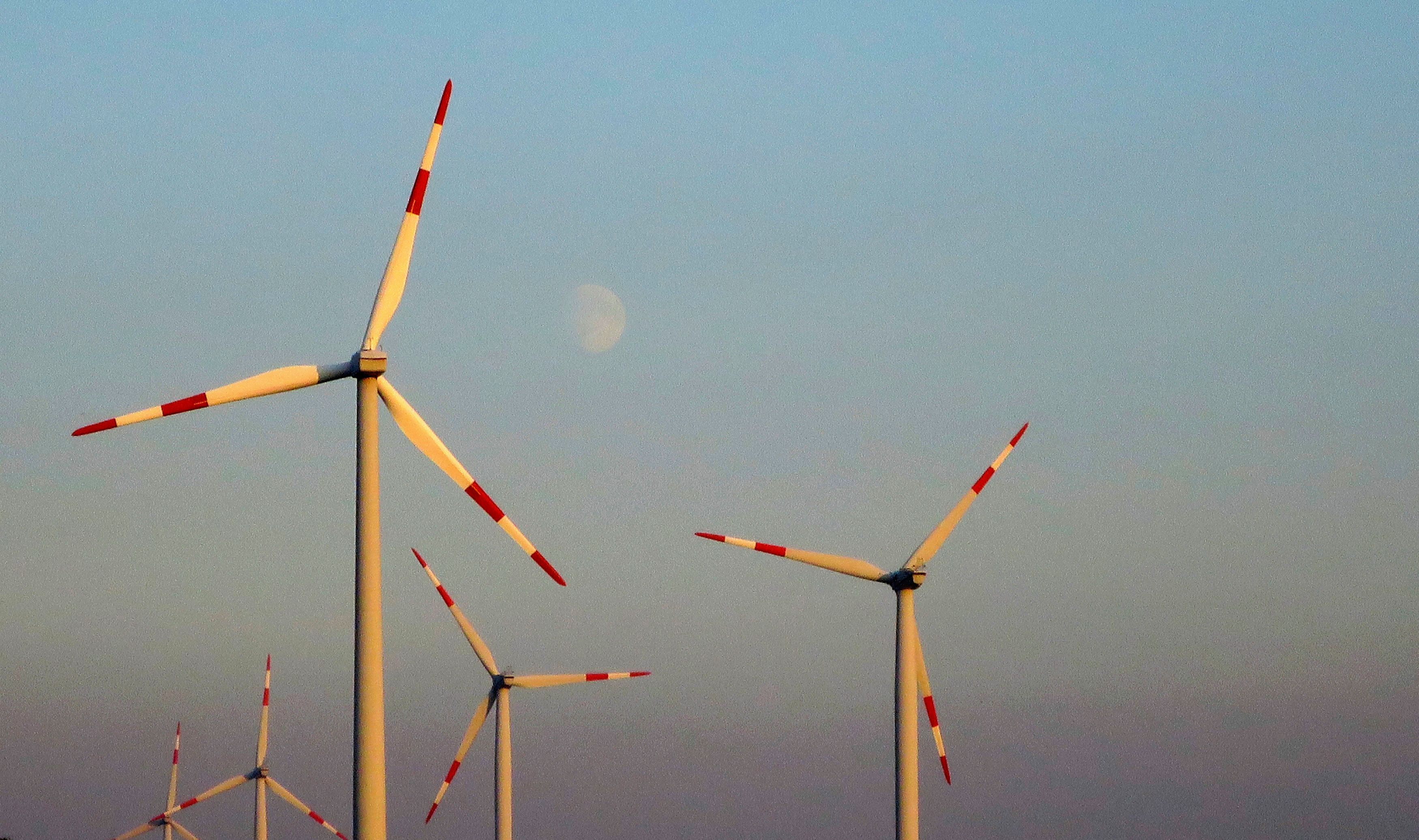 The moon is pictured behind power-generating wind turbines from a wind farm near the village of Ludwigsburg