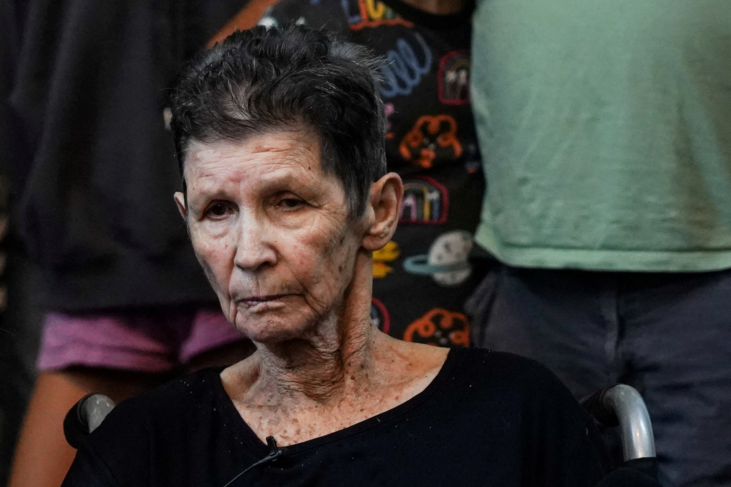 Hostage, Lifshitz, speaks to members of the press after being released by Hamas militants, at Ichilov Hospital in Tel Aviv