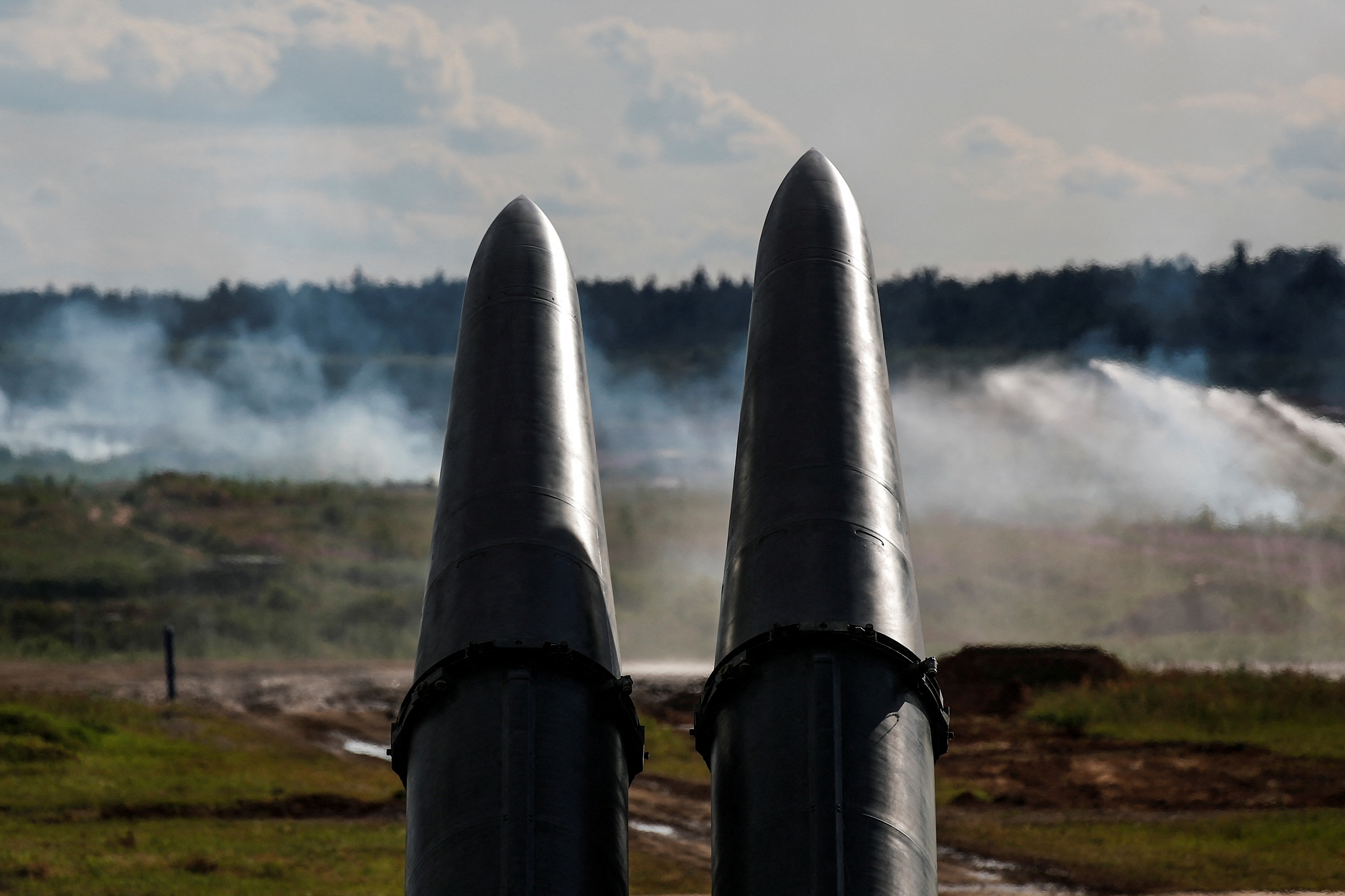 9М723 missiles, part of  Iskander-M missile complex, are seen during a demonstration at the International military-technical forum ARMY-2019 at Alabino range in Moscow Region