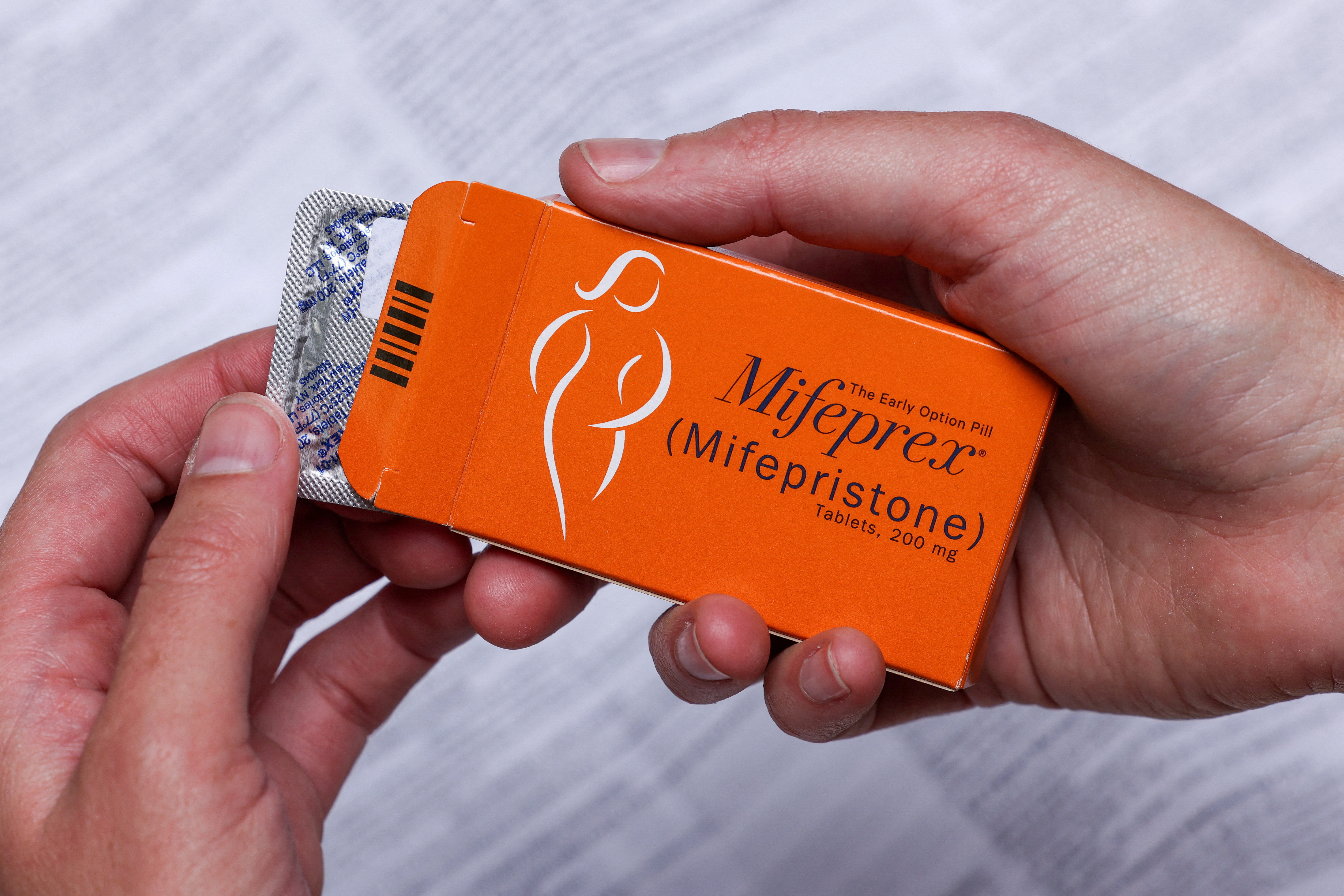 A pack of Mifeprex pills, used to terminate early pregnancies, is displayed in this picture illustration