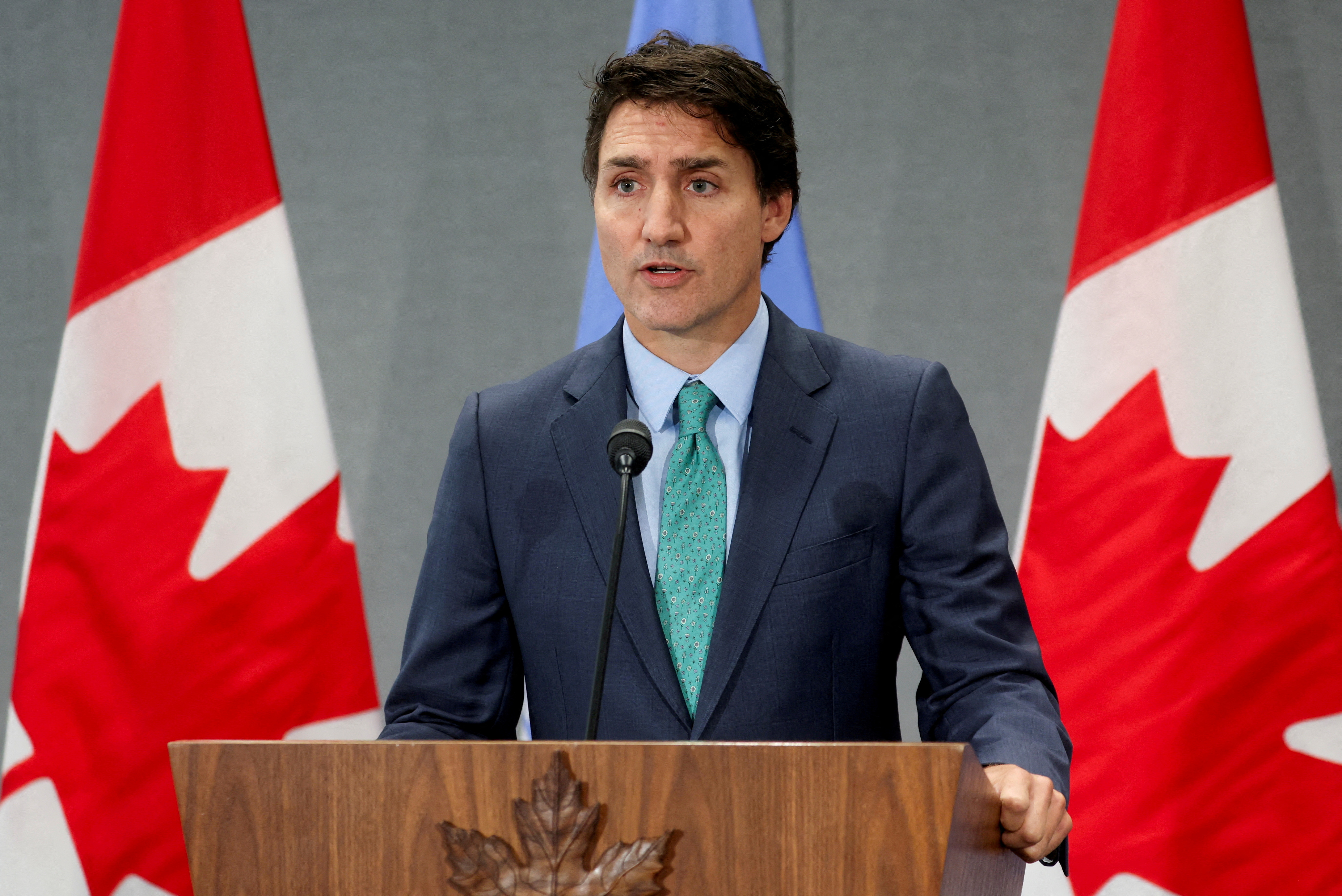 Canadian Prime Minister Justin Trudeau speaks during a press conference on the sidelines of the UNGA, in New York