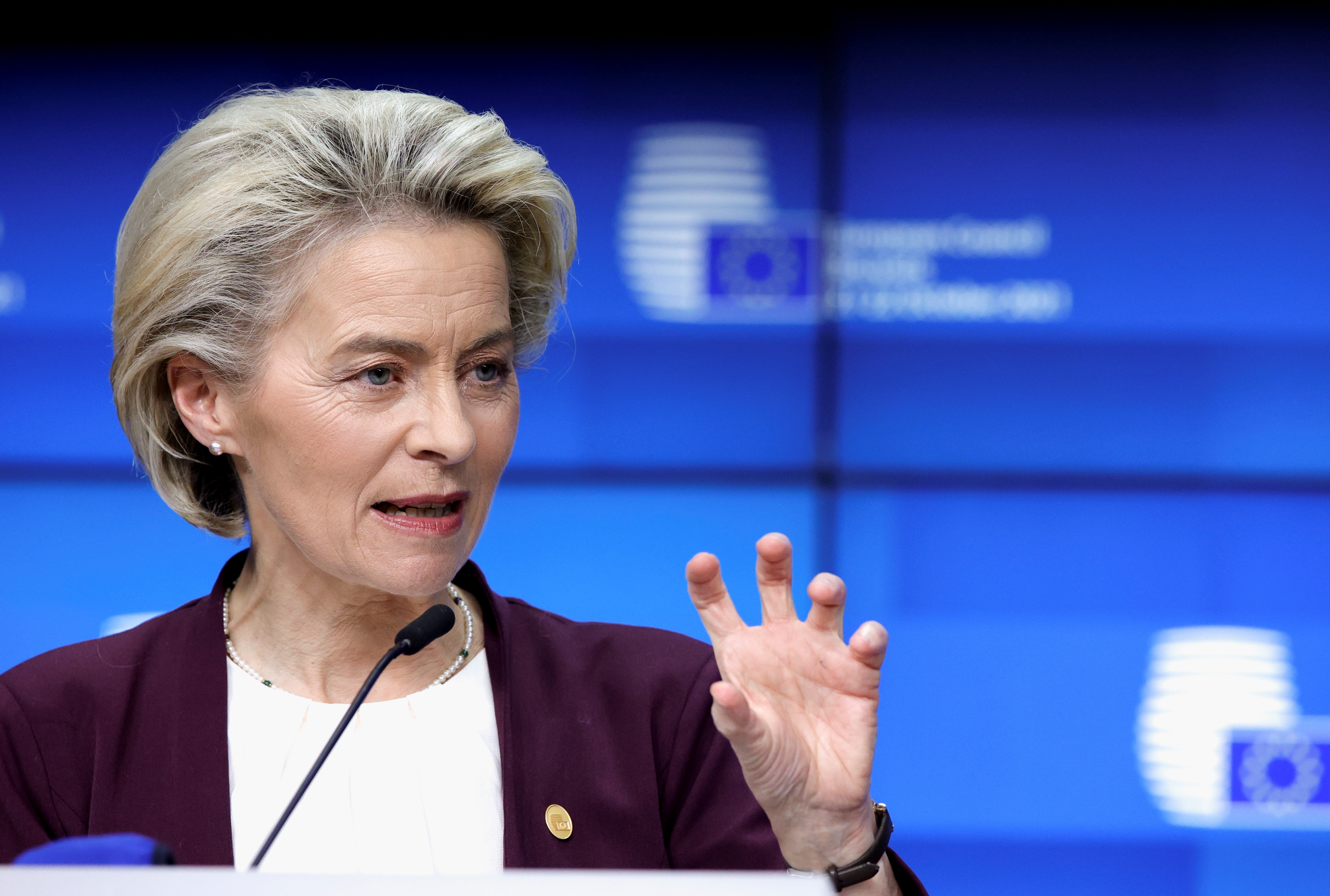 European Commission President Ursula von der Leyen speaks at a news conference during the EU summit in Brussels, Belgium October 22, 2021. Olivier Matthys/Pool via REUTERS/File Photo