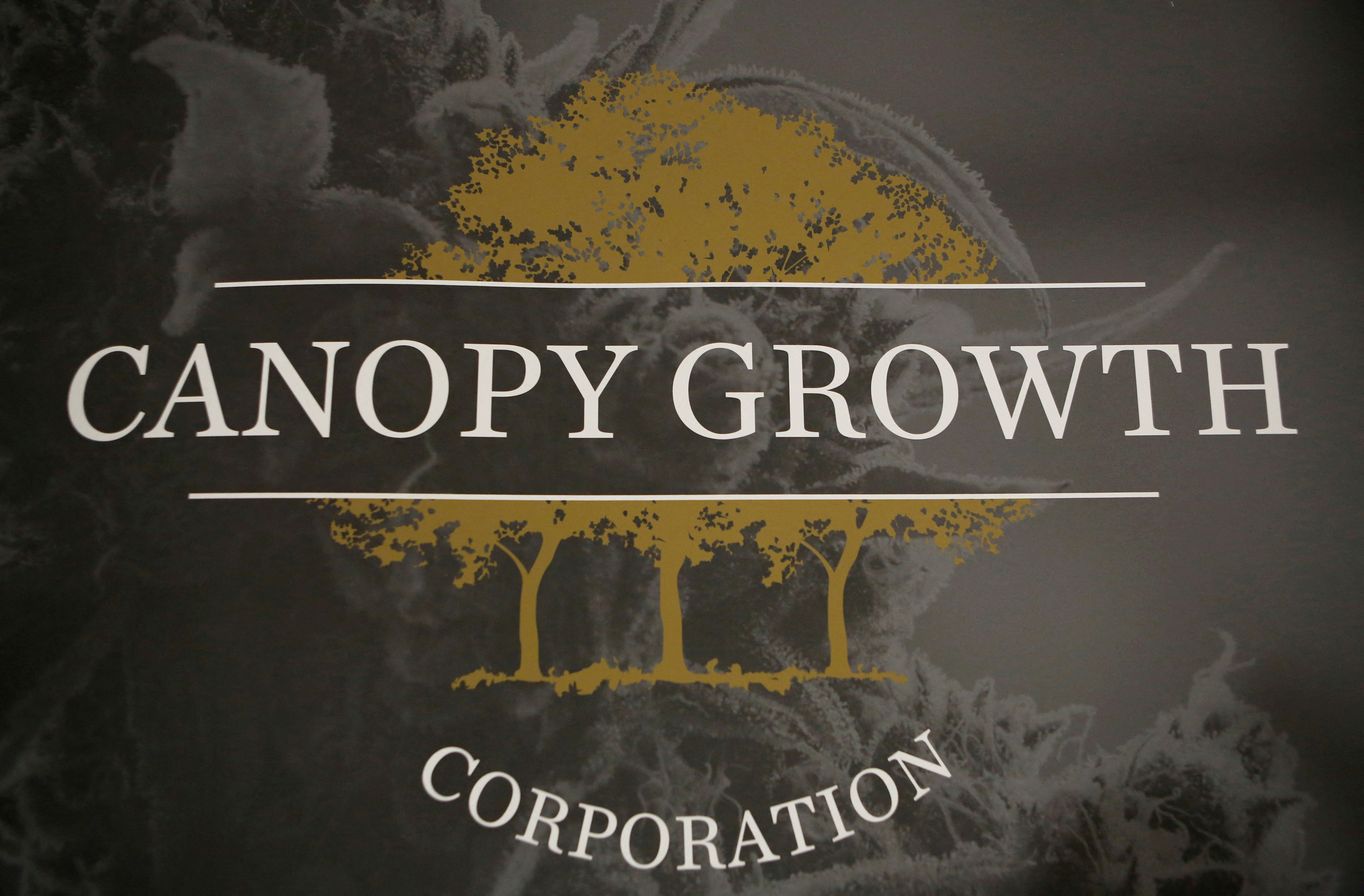 A sign featuring Canopy Growth Corporation's logo is pictured at their facility in Smiths Falls
