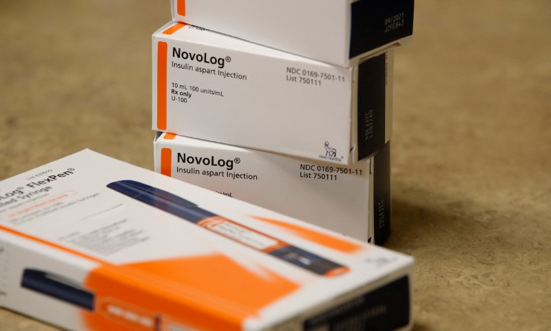 Boxes of the drug NovoLog, made by Novo Nordisk Pharmaceutical, sit on a counter at a pharmacy in Provo
