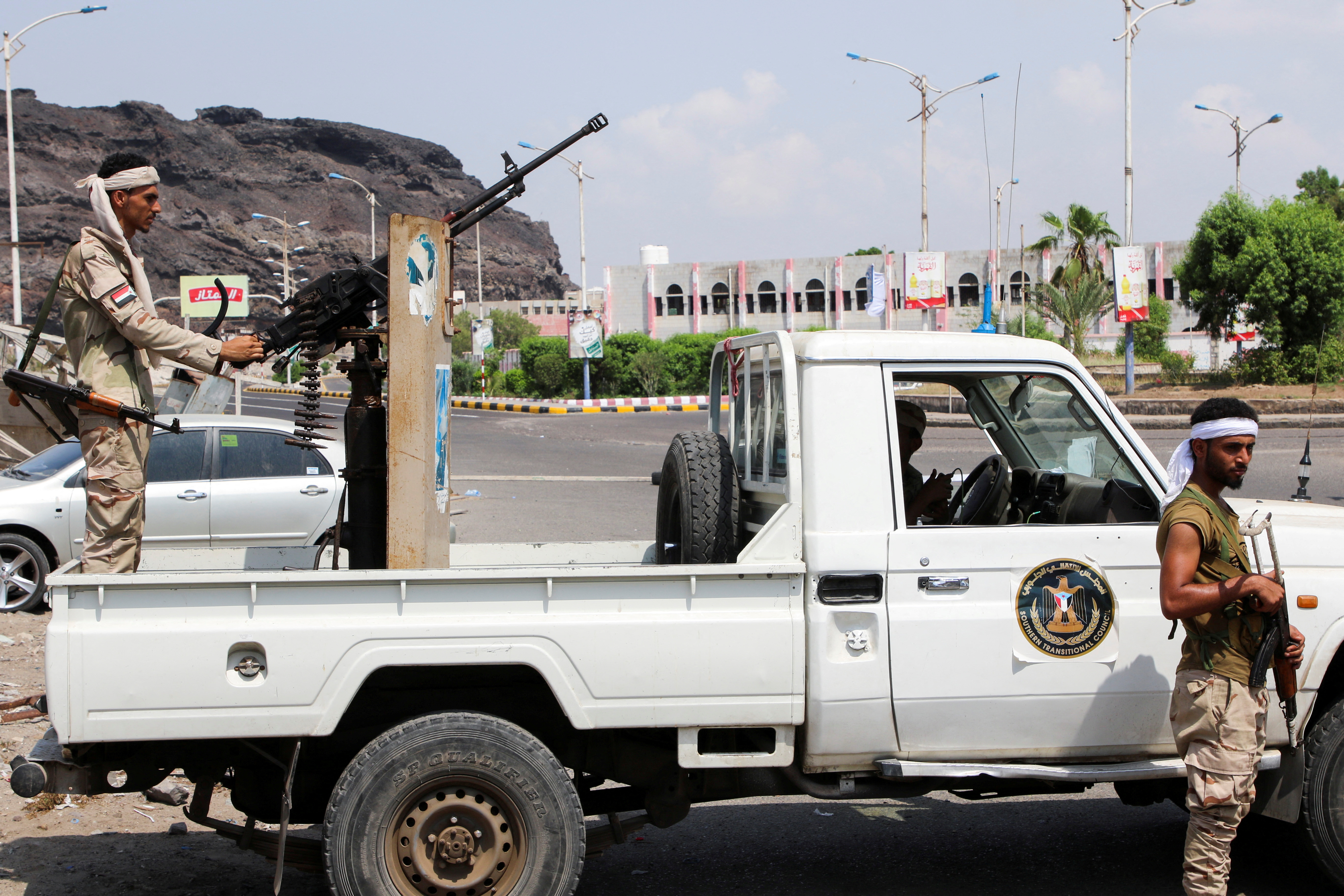 Members of the separatist Southern Transitional Council (STC) mans a checkpoint in Aden